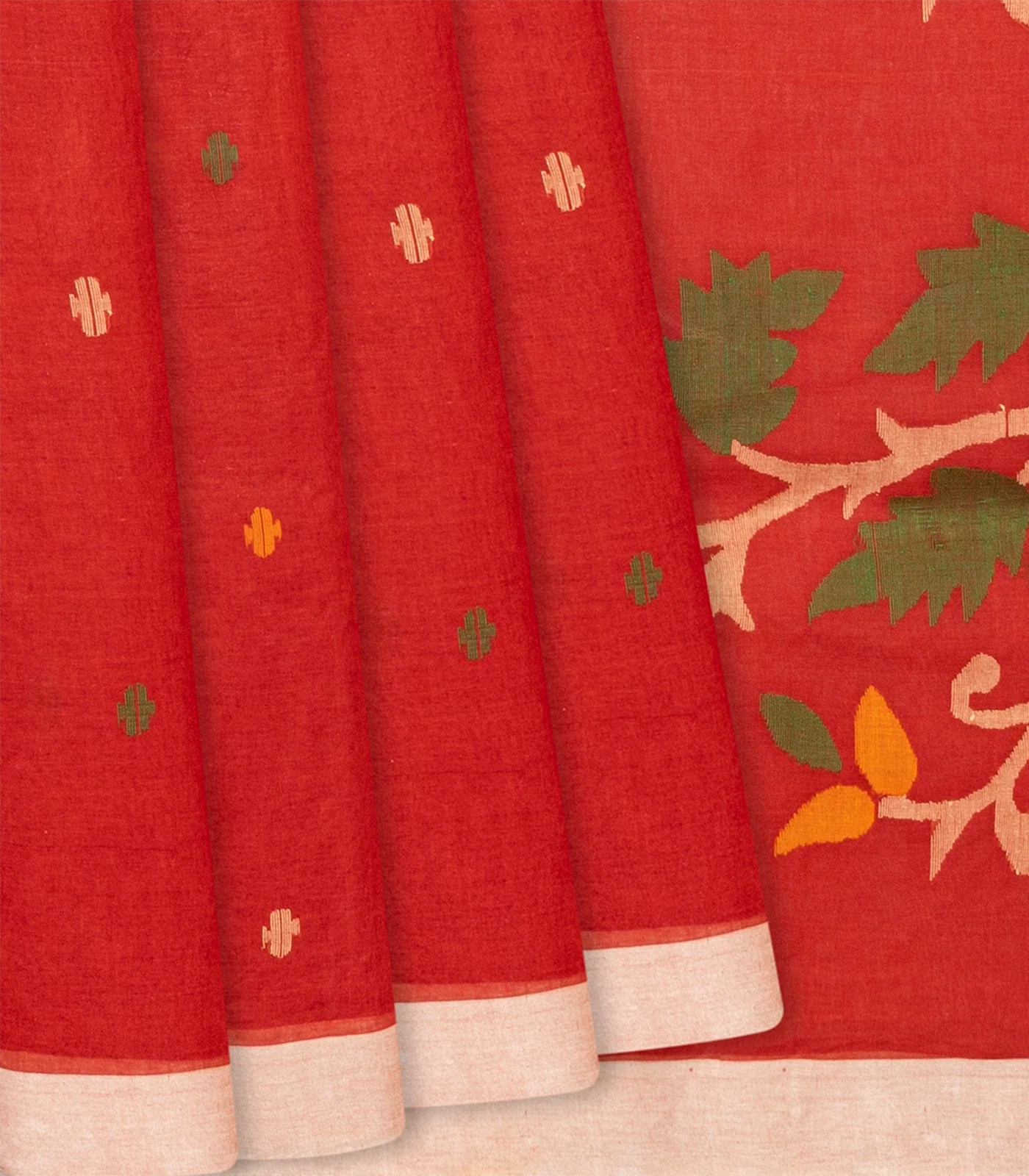 RmKV Red Handloom Dhakai Cotton Saree With Buttas & Floral Motifs -Red
