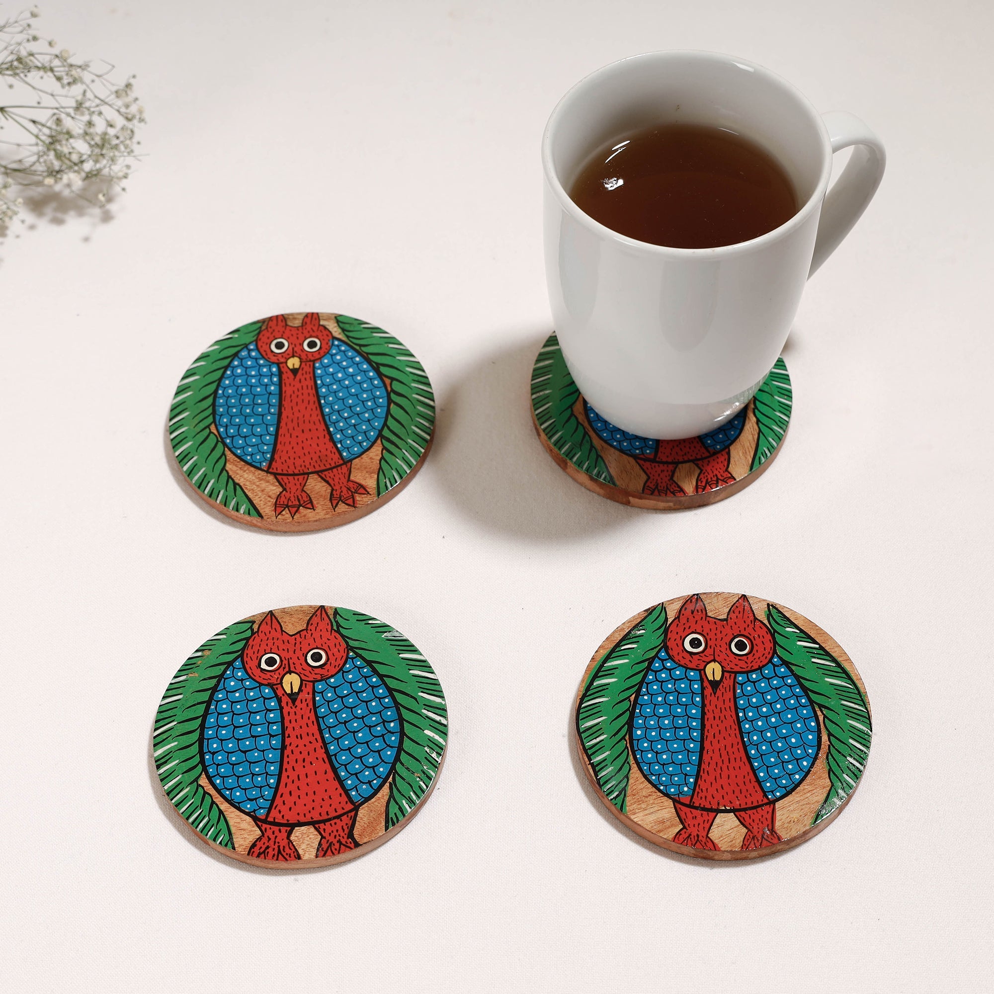 ITOKRI CRAFTS INITIATIVE Bengal Patua Handpainted Akashmoni Wooden Coasters (Set of 4)