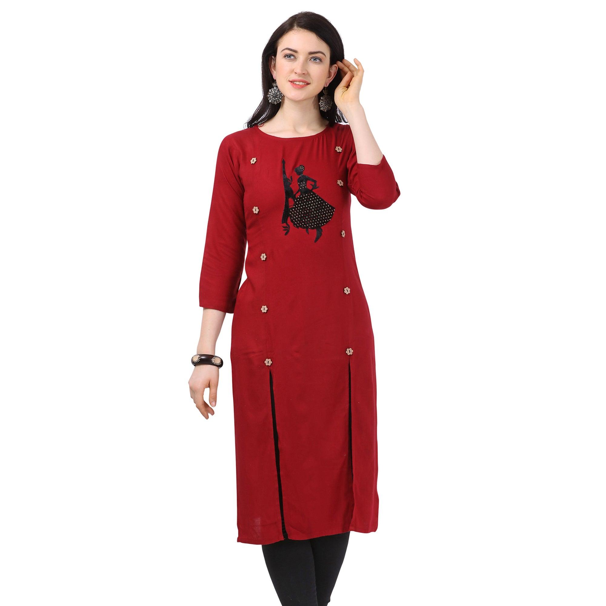 Peachmode Seller Impressive Maroon Colored Partywear Embellished Rayon Kurti