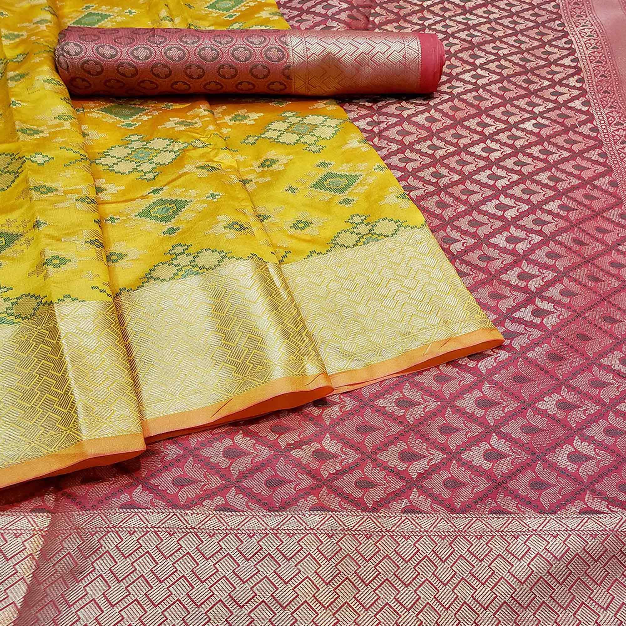 Peachmode Jazzy Yellow Colored Festive Wear Woven Banarasi Silk Saree