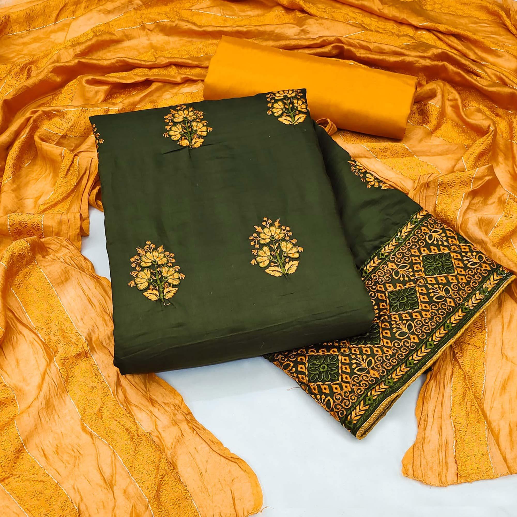 Peachmode Mehendi Green Floral Embroidered Pure Silk Dress Material