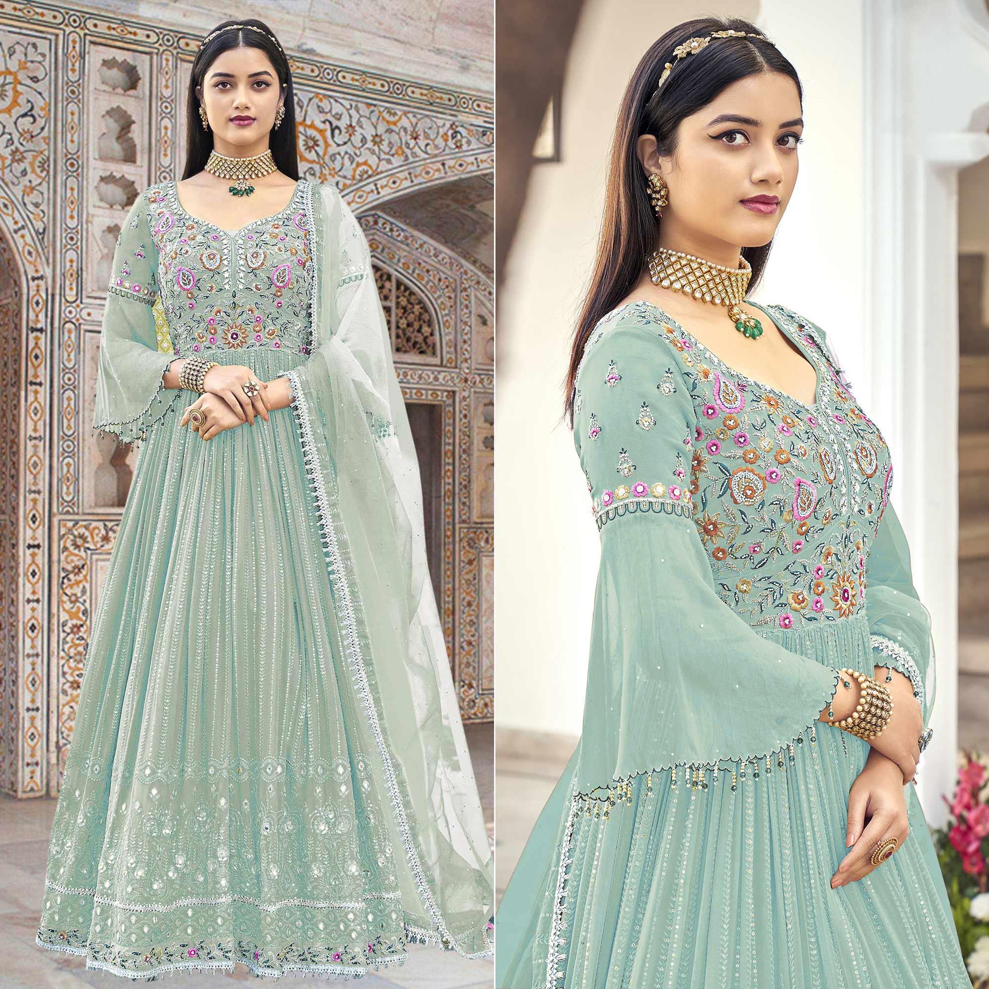 Peachmode Light Blue Embroidered With Embellished Georgette Anarkali Style Gown