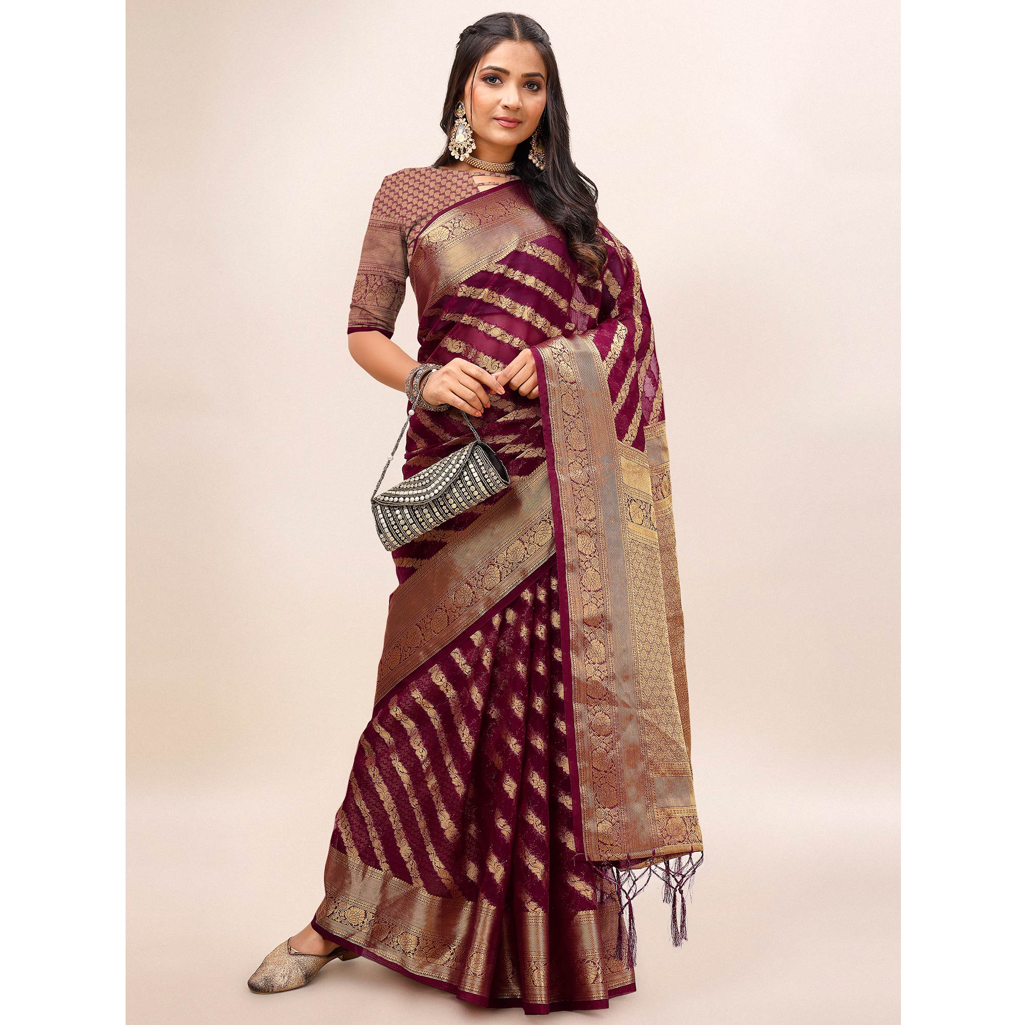 Peachmode Maroon Woven Organza Saree With Tassels - view 6