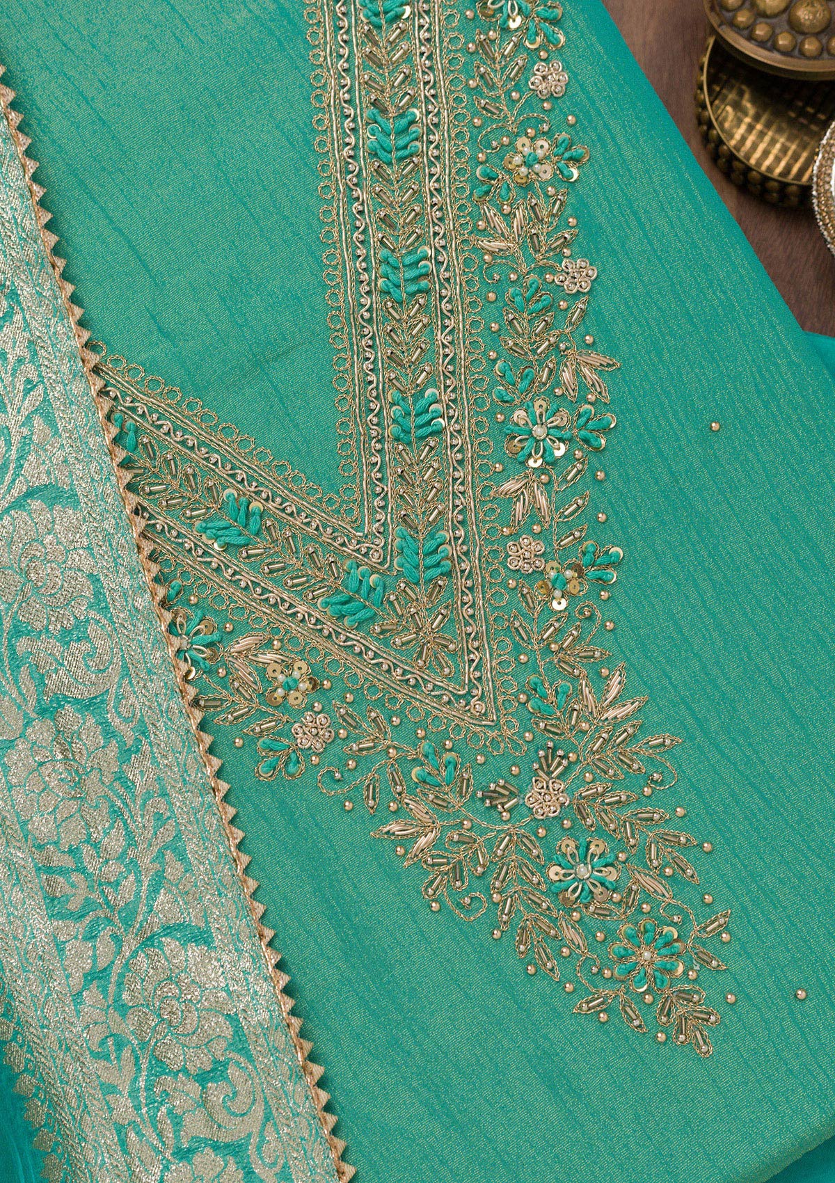 Koskii Sea Green Zariwork Raw Silk Unstitched Salwar Suit - view 2