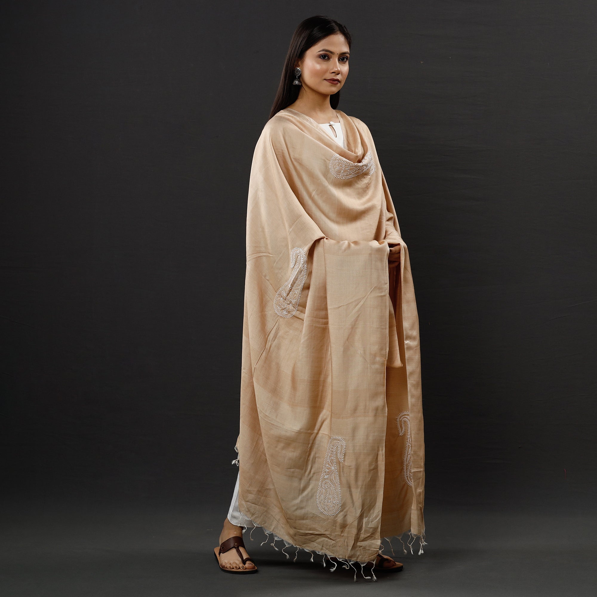 ITOKRI CRAFTS INITIATIVE Brown - Lucknow Chikankari Heavy Hand Embroidery Silk Cotton Dupatta - view 2