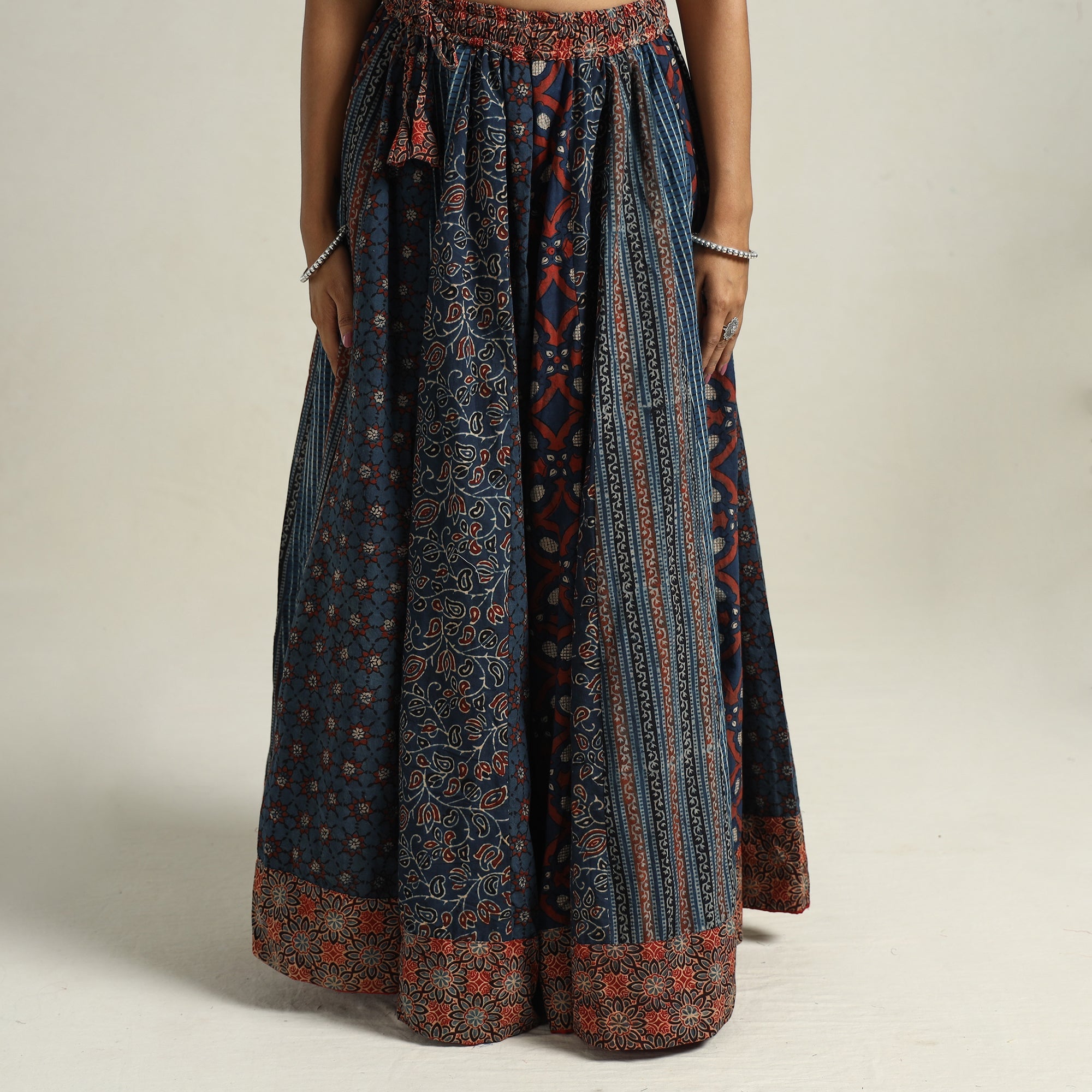 NOORI BAZAR Blue - Ajrakh Block Printed 24 Kali Patchwork Cotton Long Skirt 35 - view 4