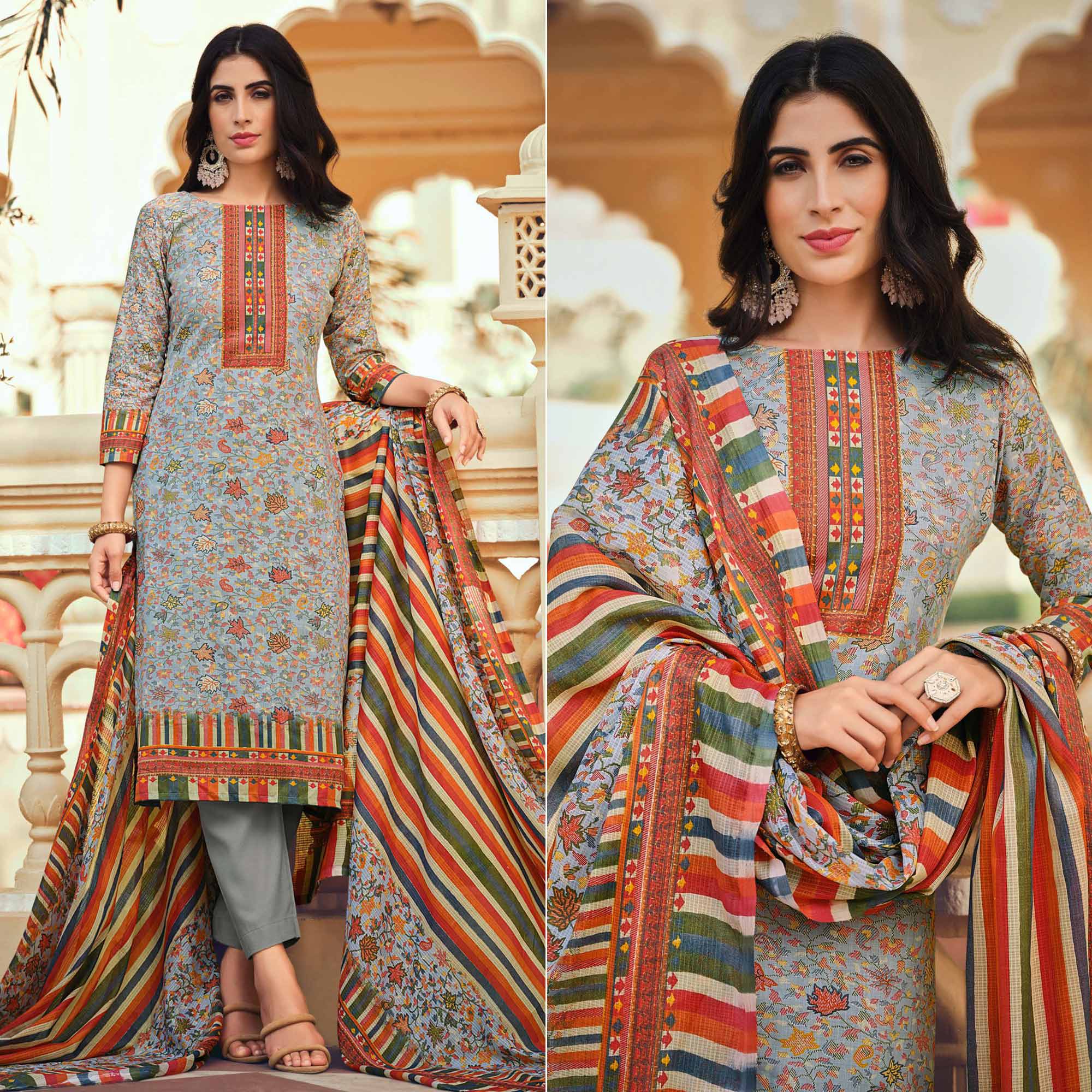 Grey suits – BlackTree grey-floral-printed-pure-cotton-suit