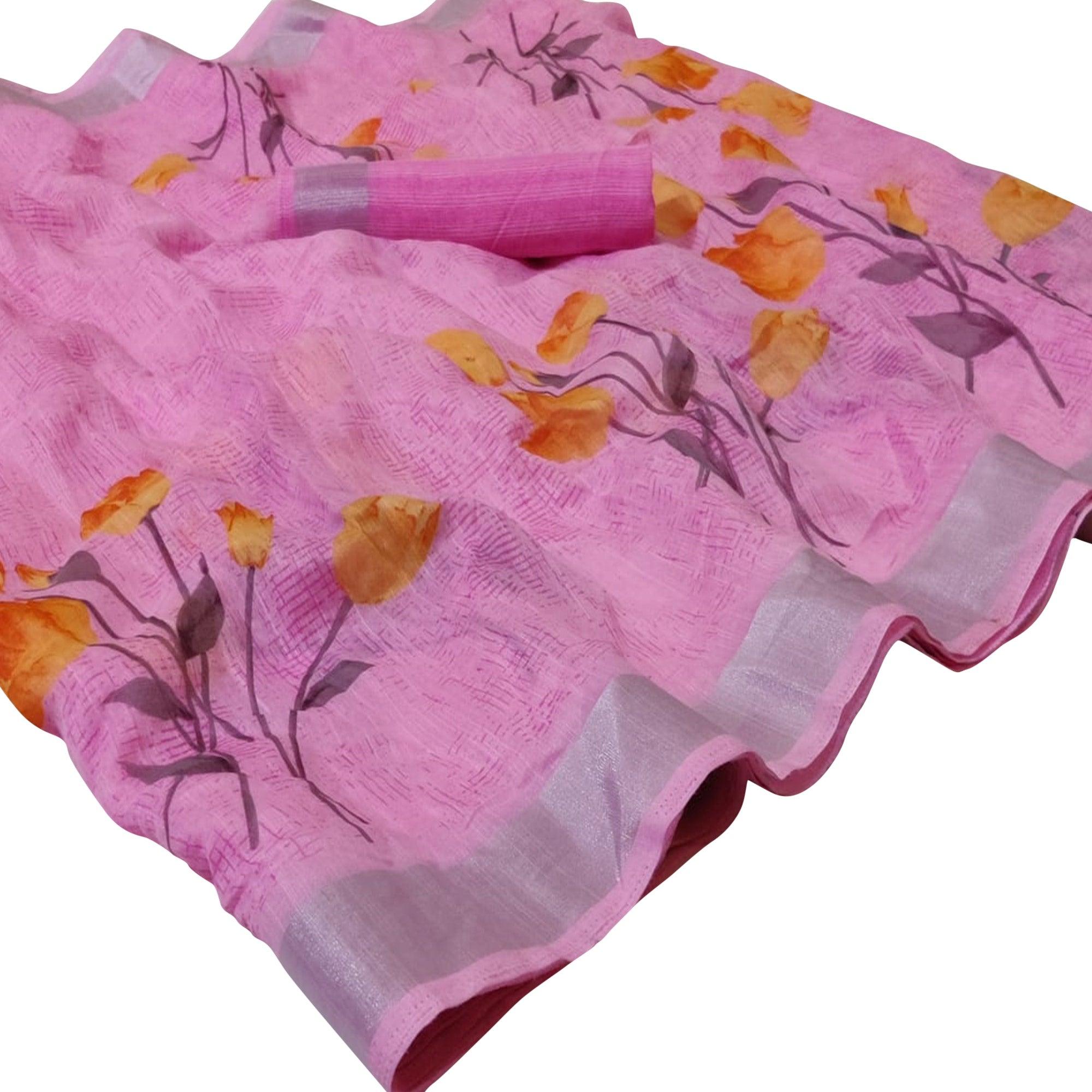 Peachmode Mesmerising Light Purple Colored Casual Floral Printed Linen Saree
