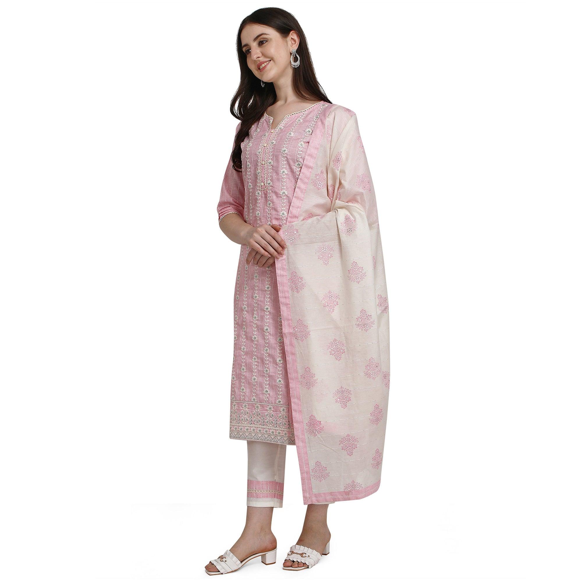 Peachmode Light Pink Floral Embroidered Cotton Blend Kurti Pant Set - view 2