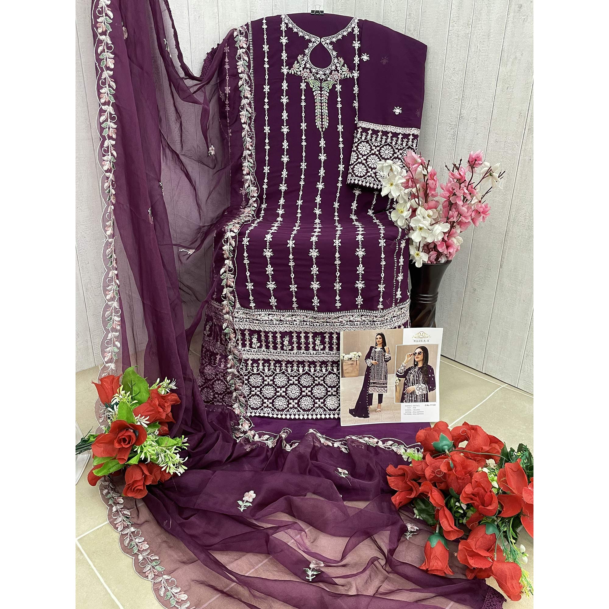Peachmode Dark Purple Floral Embroidered Georgette Semi Stitched Pakistani Suit - view 4