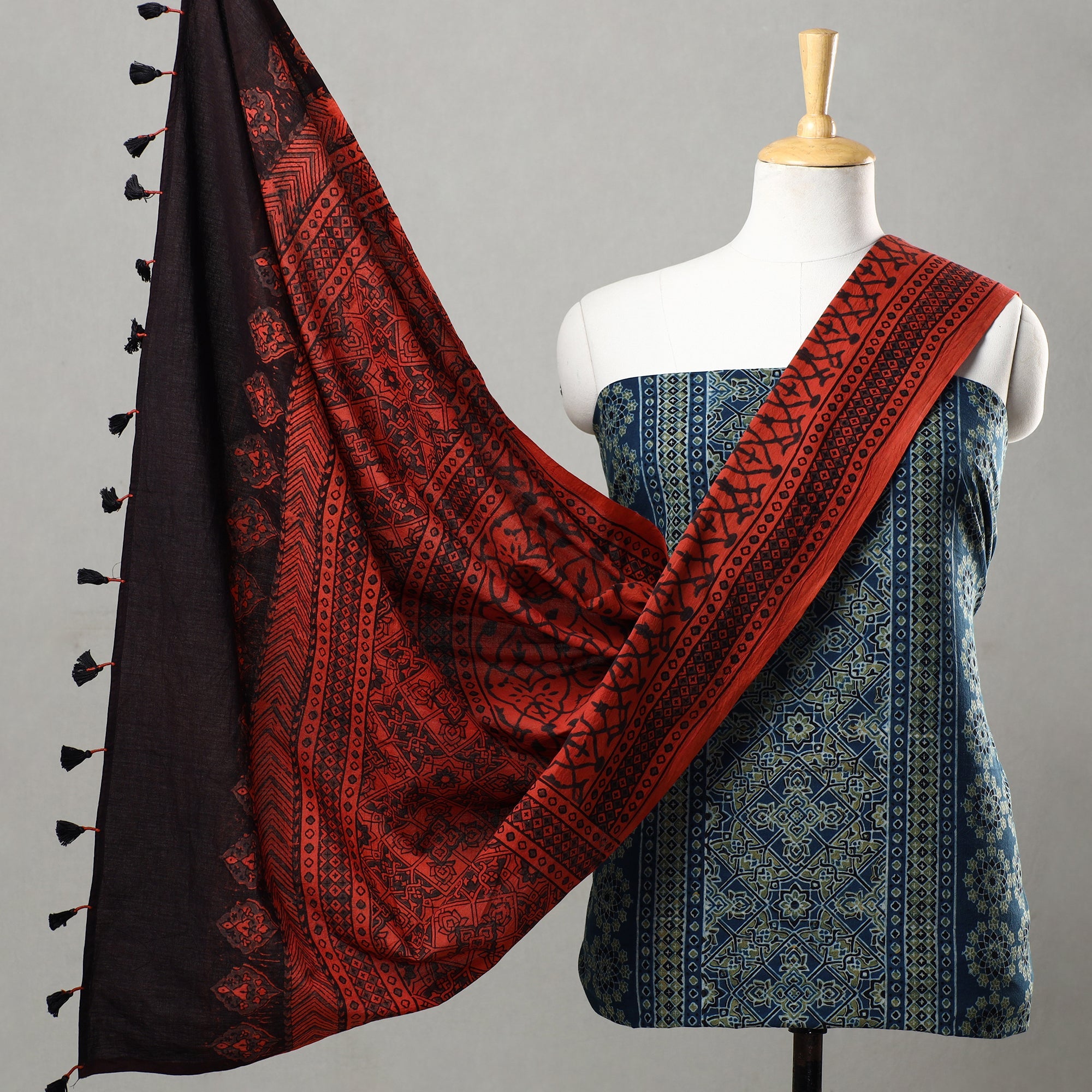 AJRAKH BY JABBAR KHATRI Blue - 3pc Ajrakh Block Printed Natural Dyed Cotton Suit Material Set 15