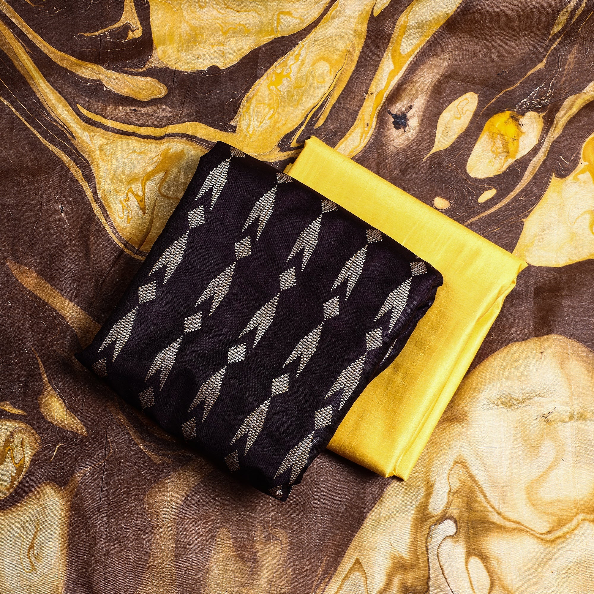 RUISA Brown - 3pc Handloom Mulberry Suit Material Set with Banana Silk Marble Printed Dupatta - view 2