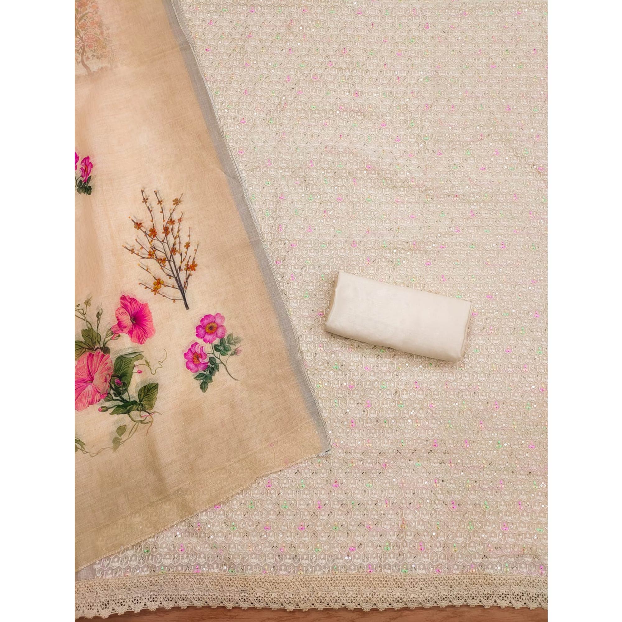 Peachmode Cream Sequins Embroidered Chanderi Silk Dress Material - view 4