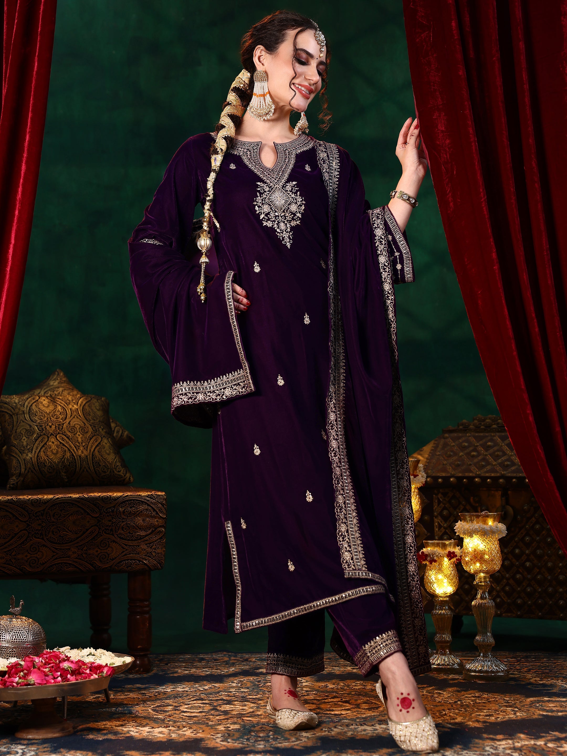 Libas Burgundy Embroidered Velvet Straight Suit With Dupatta - view 2
