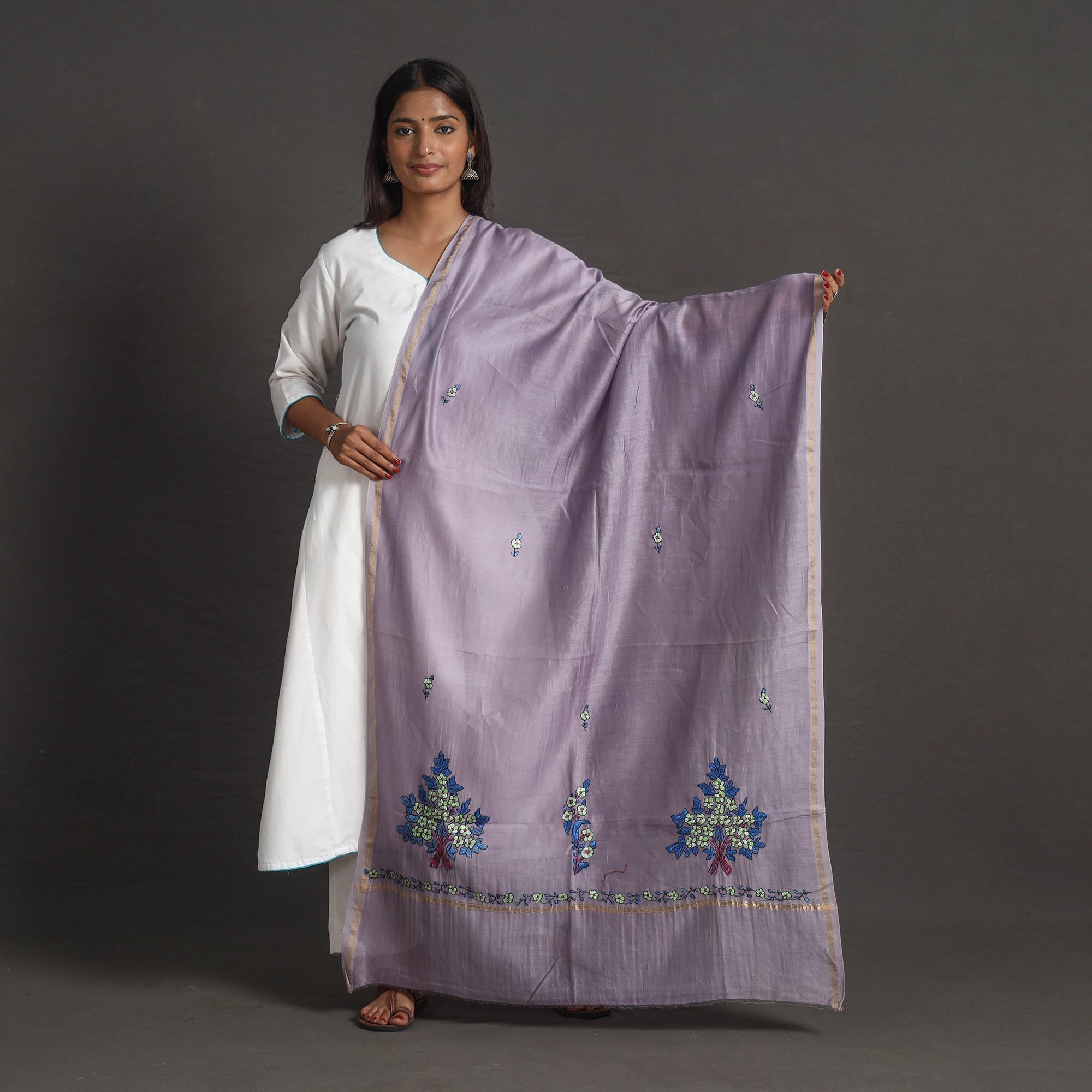 ITOKRI CRAFTS INITIATIVE Handloom Chanderi Silk Kashida Embroidery Dupatta 24