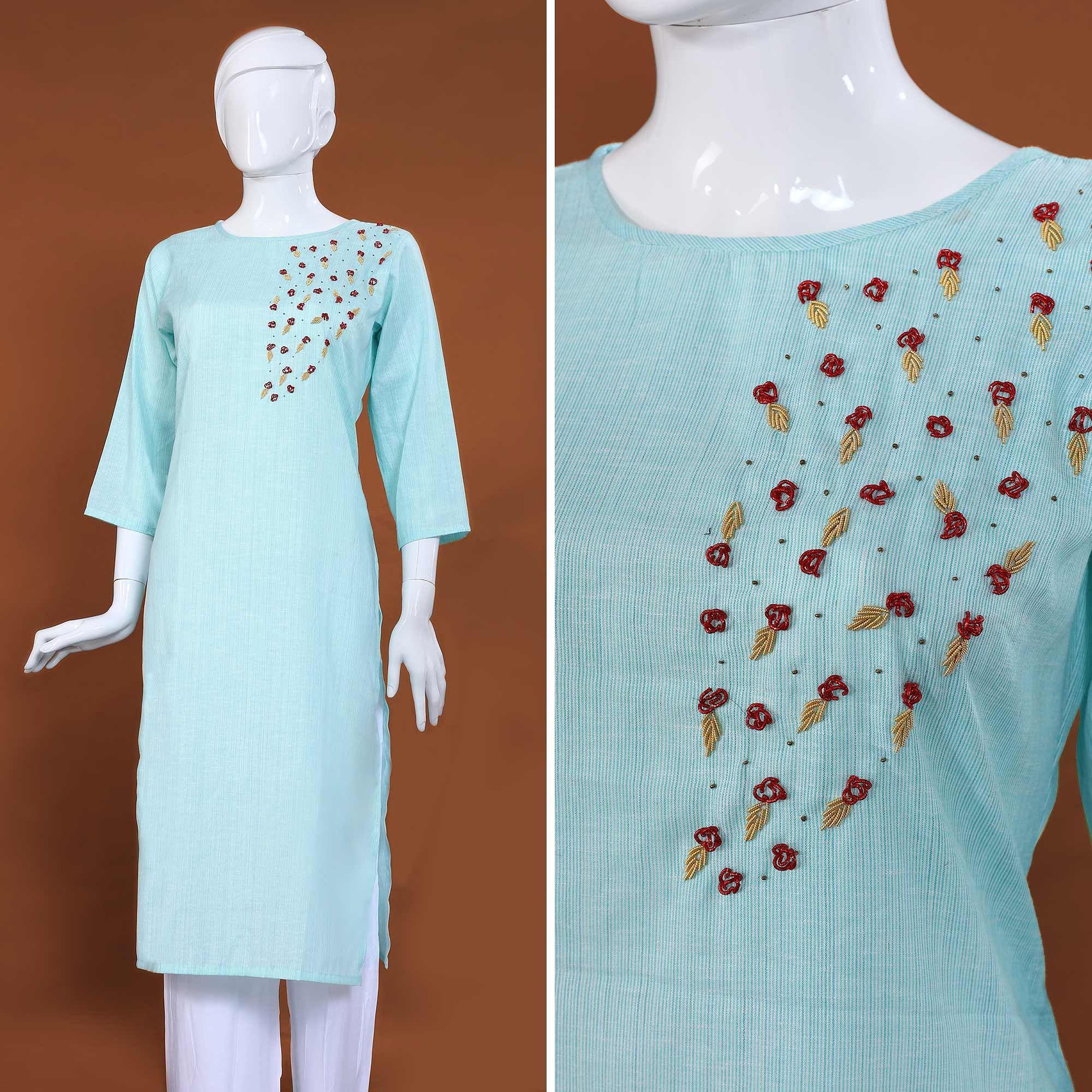 Peachmode Intricate Sky Blue Colored Casual Hand Embroidered Cotton Kurti - view 5