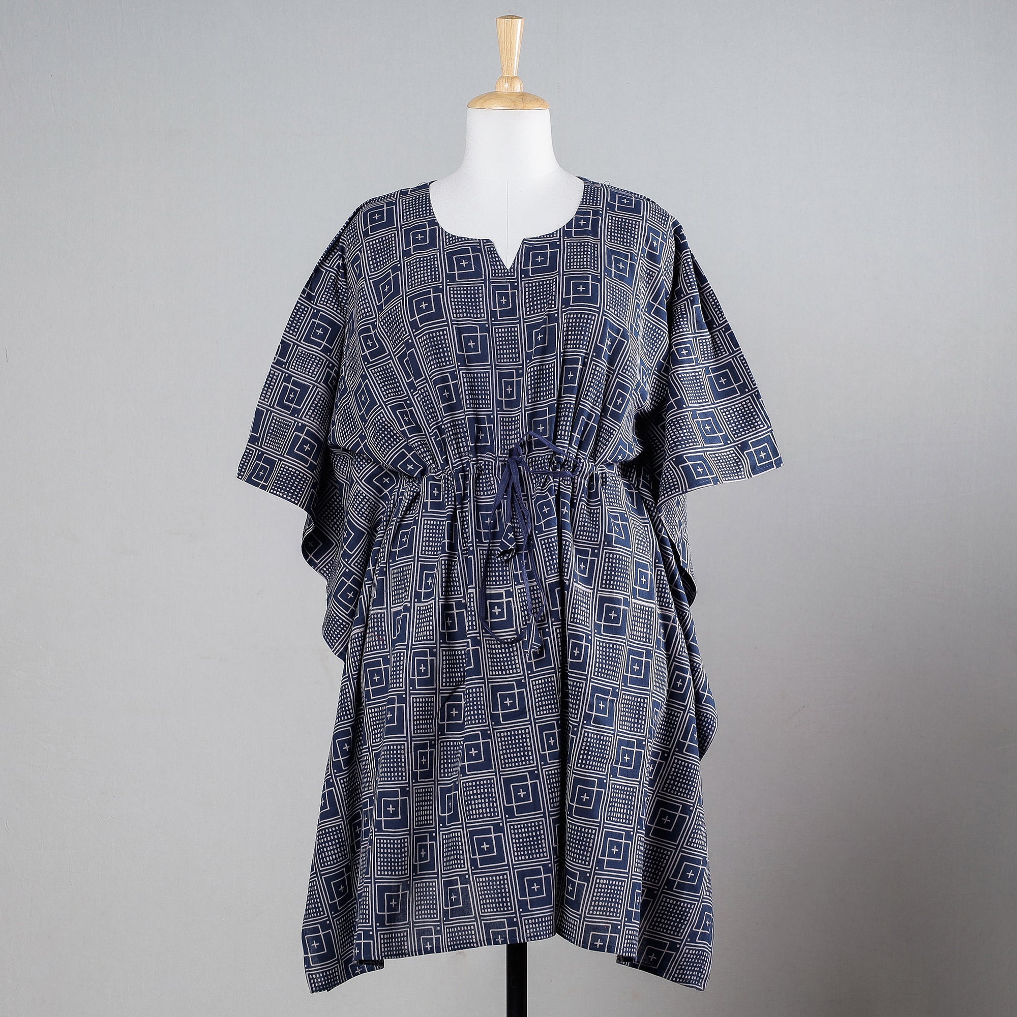 KACHCHH JI CHHAAP Blue - Ajrakh Block Printed Cotton Kaftan with Tie-Up Waist (Medium)