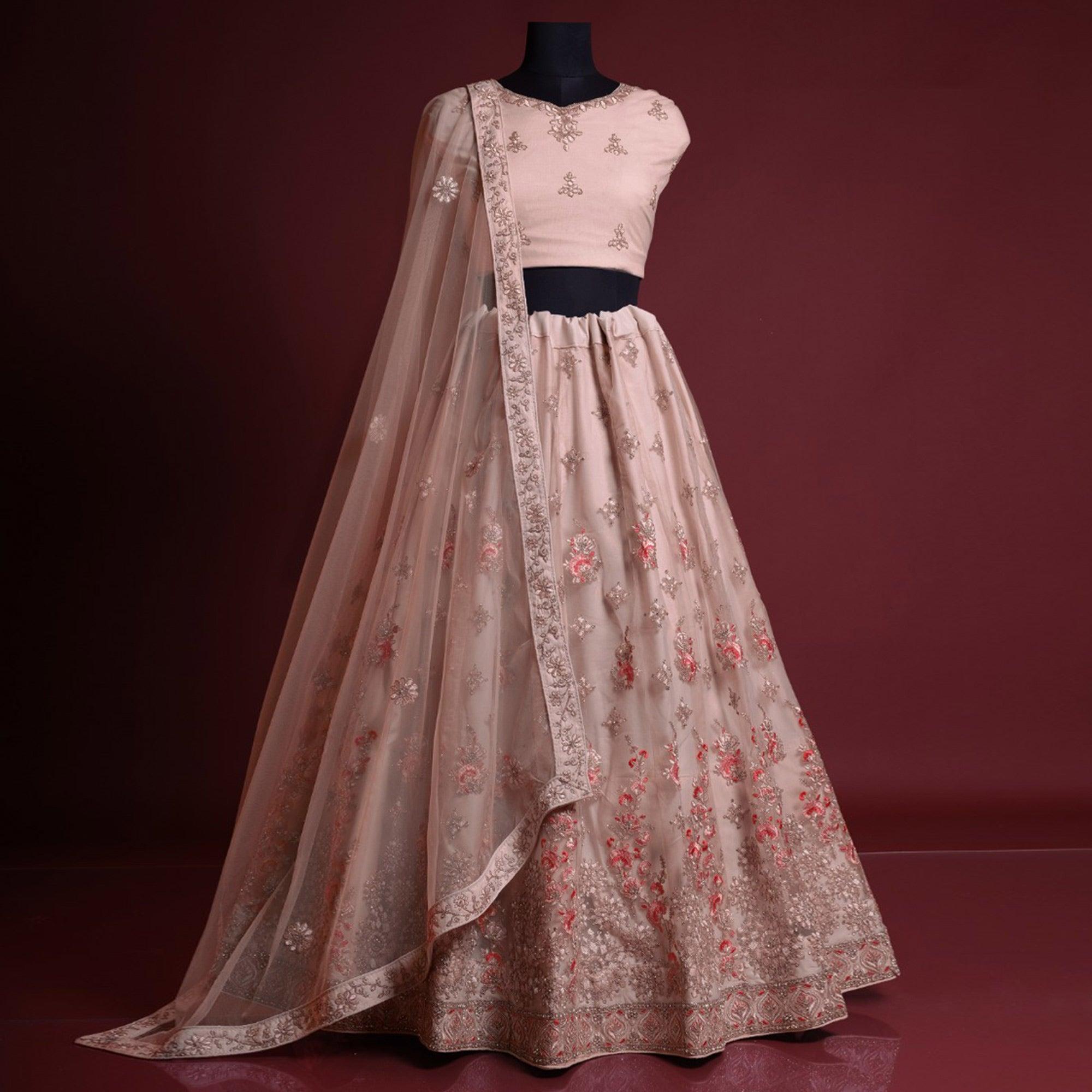 Peachmode Light Pink Floral Embroidered Net Lehenga Choli