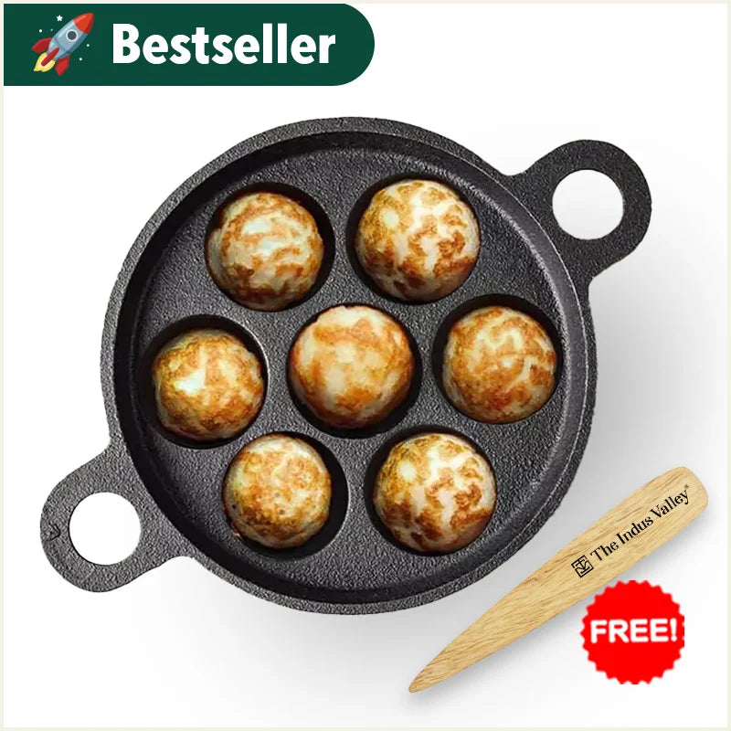 The Indus Valley Super Smooth 7 Pit/Cup Cast Iron Paniyaram/Appe Pan+ Free Spatula, Pre-seasoned, Natural Nonstick, 100% Pure, Toxin-free, 18.9cm, 2.2