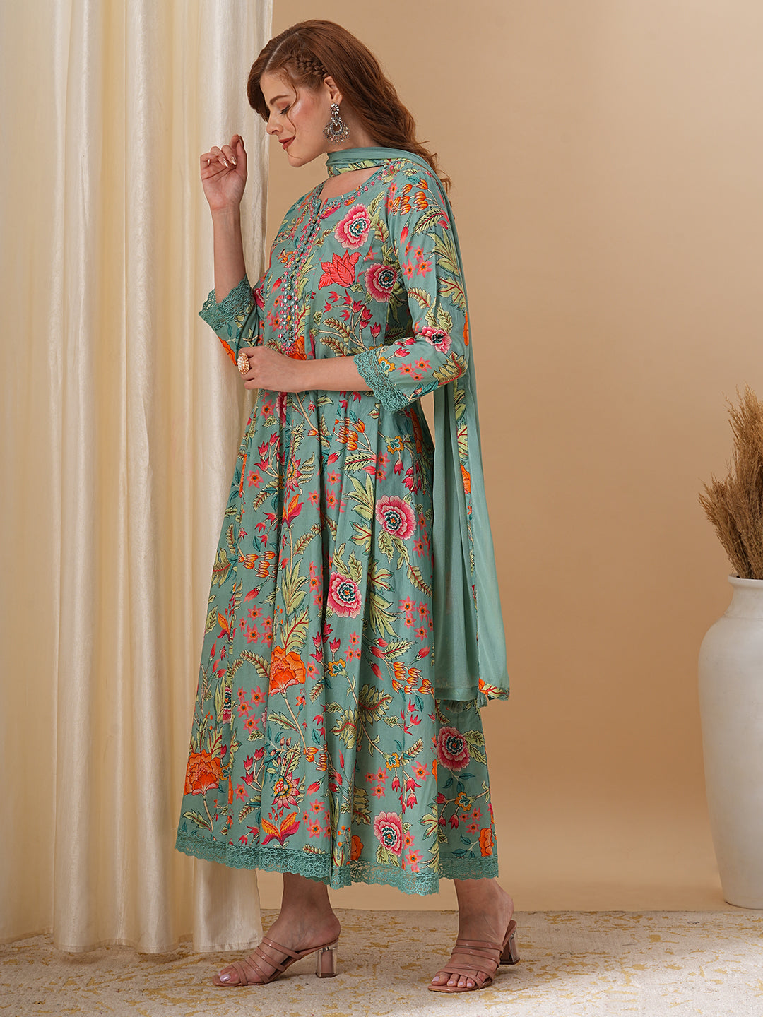 Fashor Floral Printed & Embroidered Anarkali Kurta with Pant and Dupatta - Green - view 4