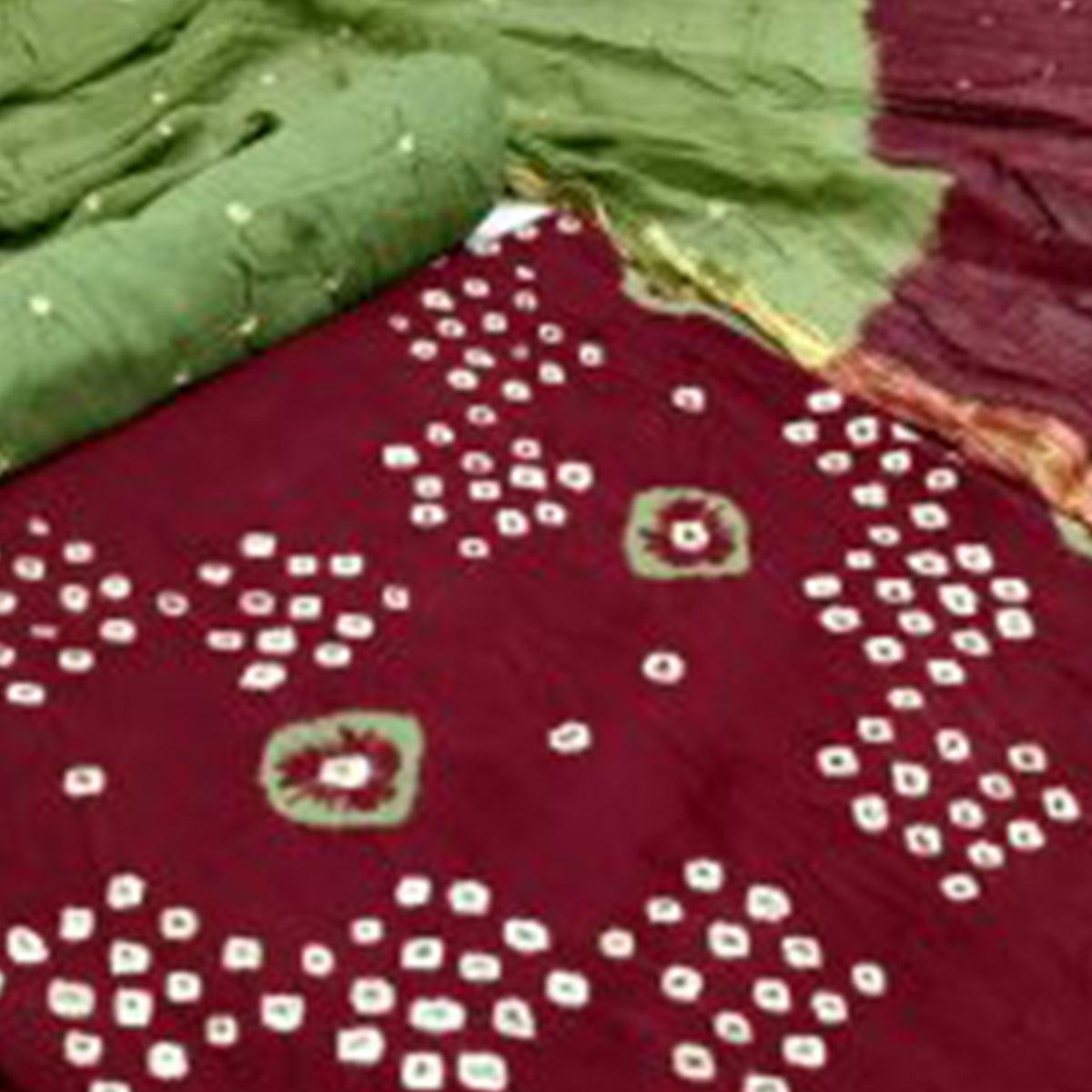 Peachmode Dark Maroon Casual Wear Hand Bandhej Cotton Dress Material - view 2
