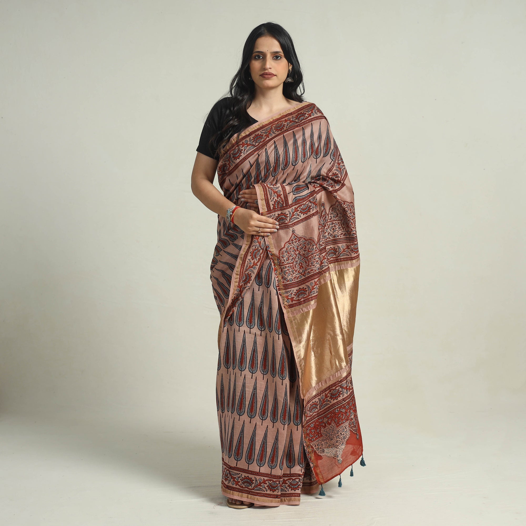 AJRAKH BY JABBAR KHATRI Brown - Chanderi Silk Block Printed Ajrakh Saree 03