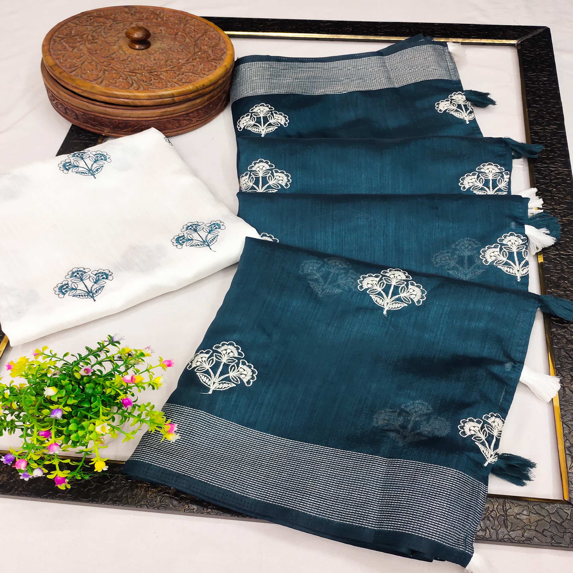 Peachmode Morpich Floral Embroidered Raw Silk Saree