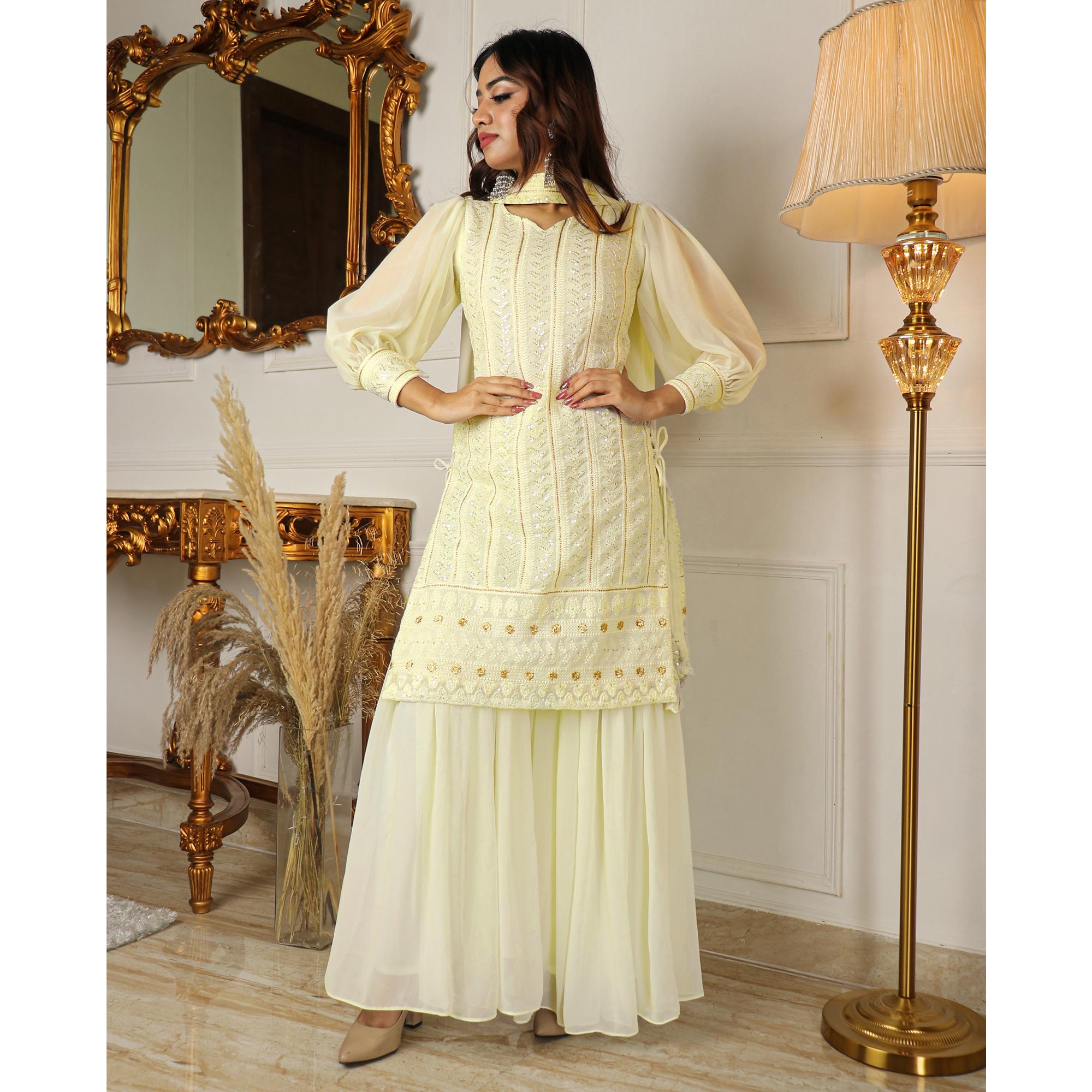 Peachmode Seller Cream Sequins Embroidered Georgette Sharara Suit - view 4