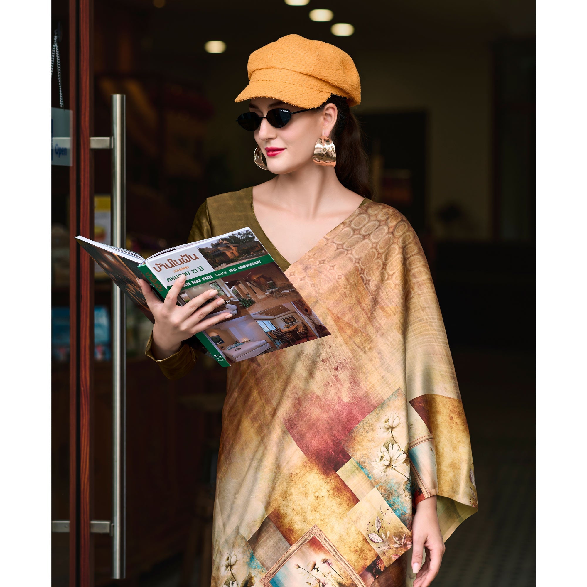 Peachmode Chikoo Digital Printed Pure Satin Saree - view 6