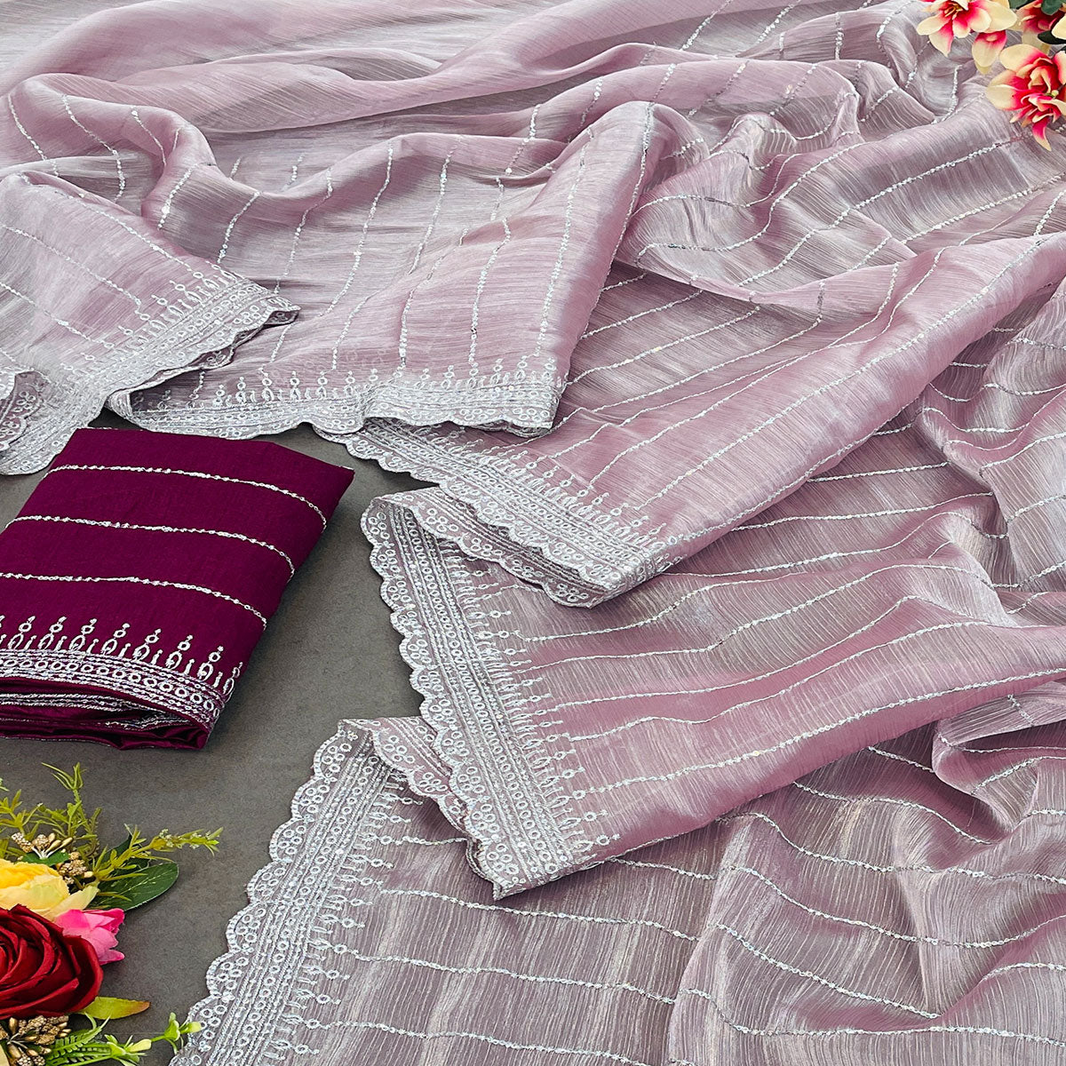 Peachmode Light Mauve Sequins Embroidered Chiffon Silk Saree - view 2
