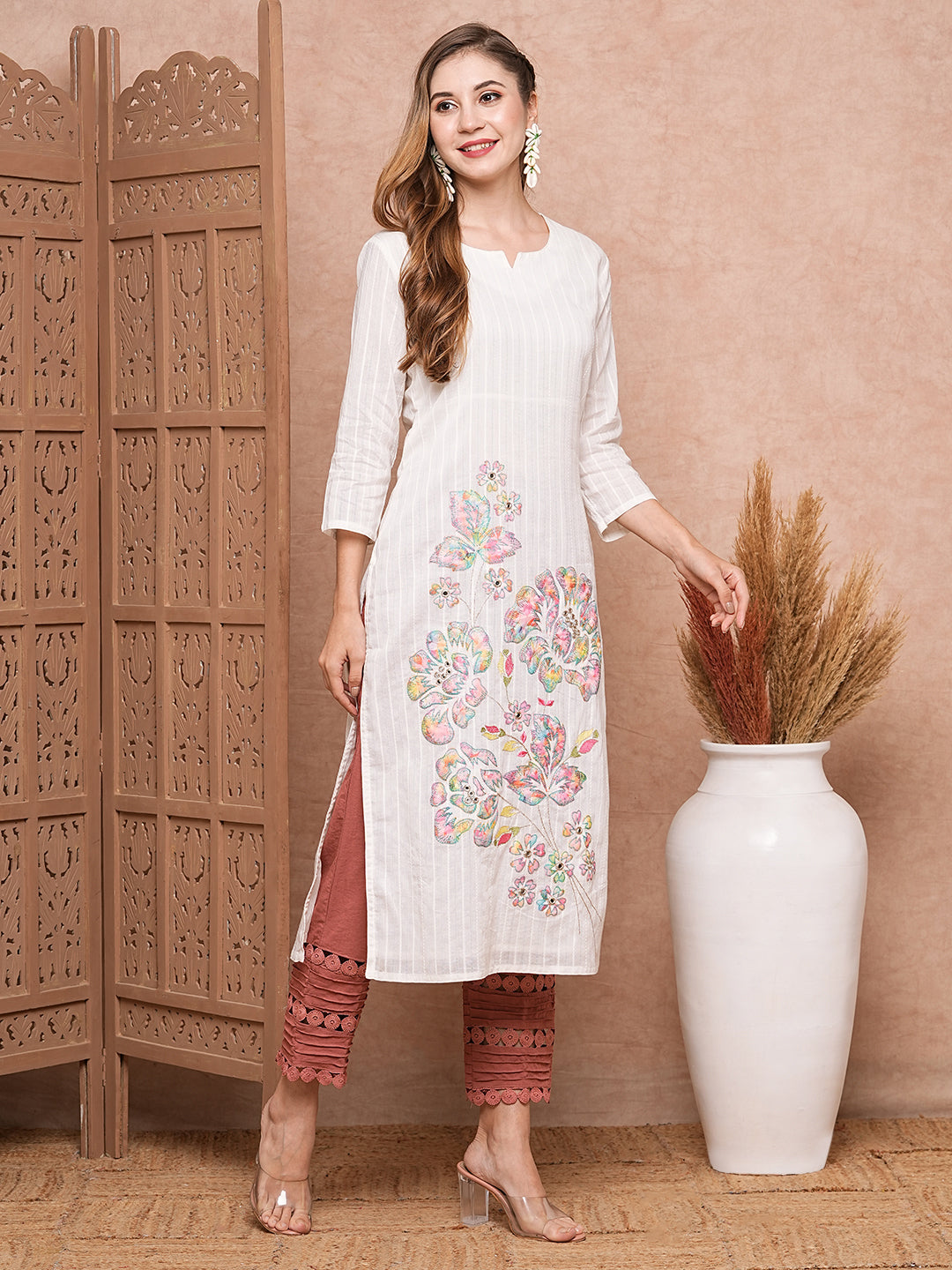 Fashor Floral Applique Embroidered Woven Striped Straight Fit Kurta - White - view 5