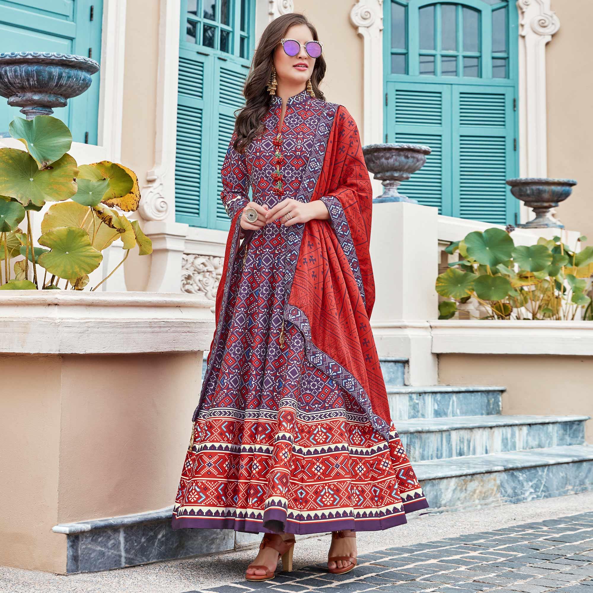 Peachmode Elegant Blue Colored Partywear Patola Printed Silk Anarkali Suit