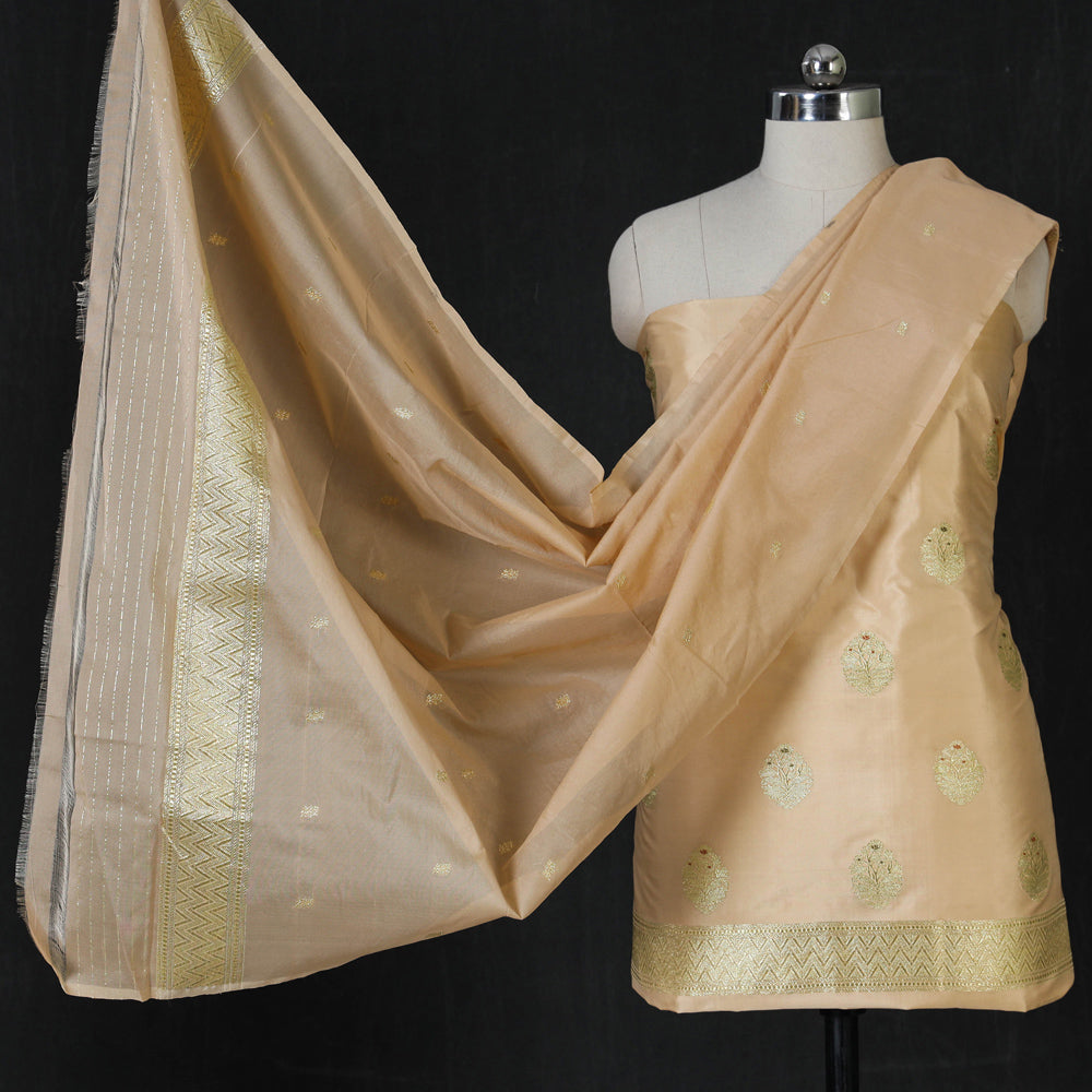 BANARASI BY MAQBUL HASAN Beige - Handwoven Katan Silk 3pc Banarasi Dress Material