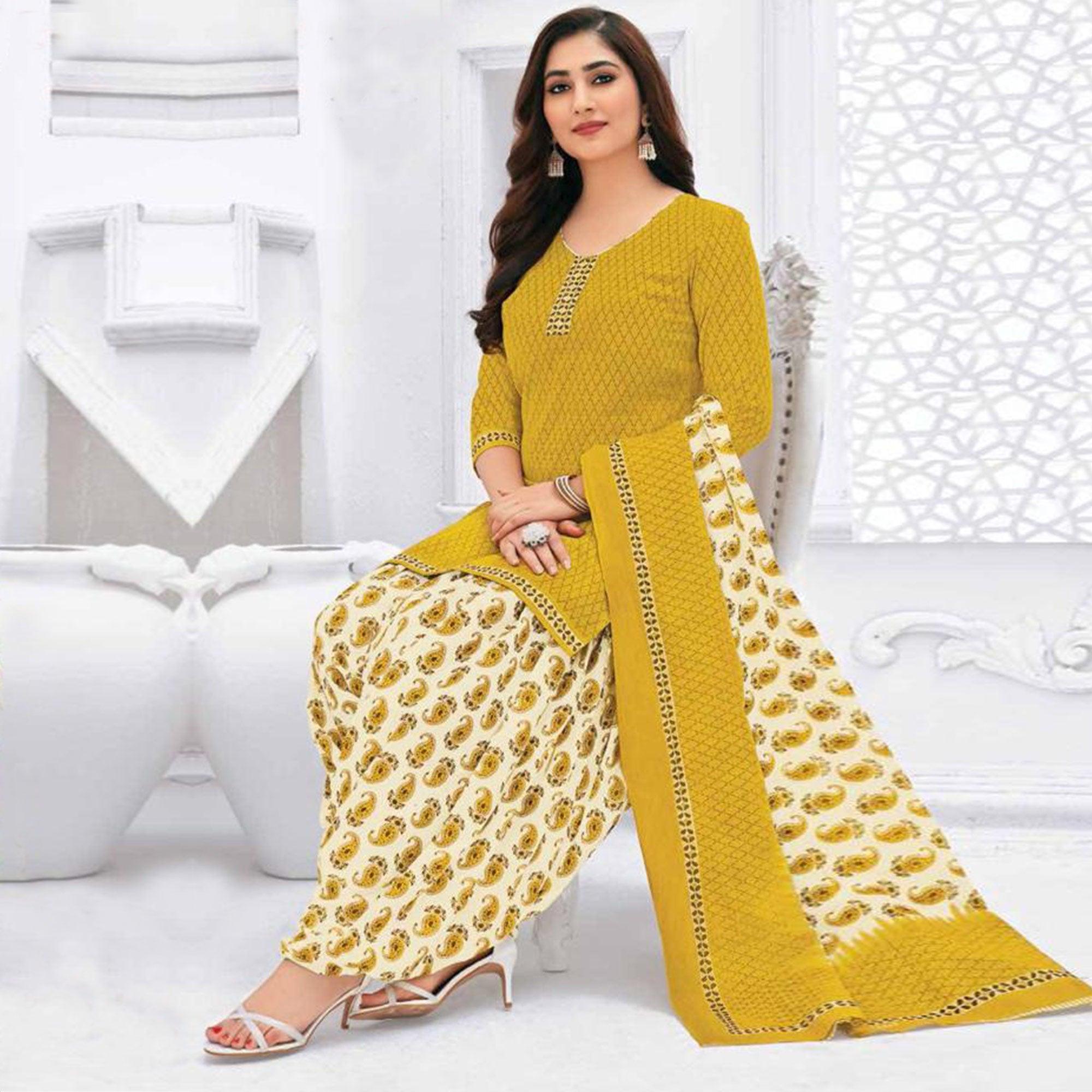 Peachmode Lemon Yellow Casual Wear Printed Leon Patiala Dress Material