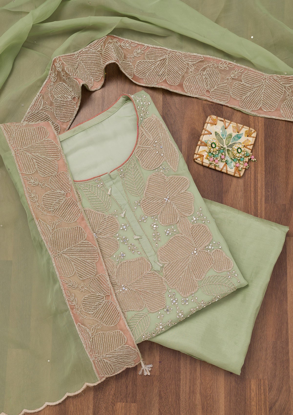 Koskii Pista Green Threadwork Georgette Unstitched Salwar Suit