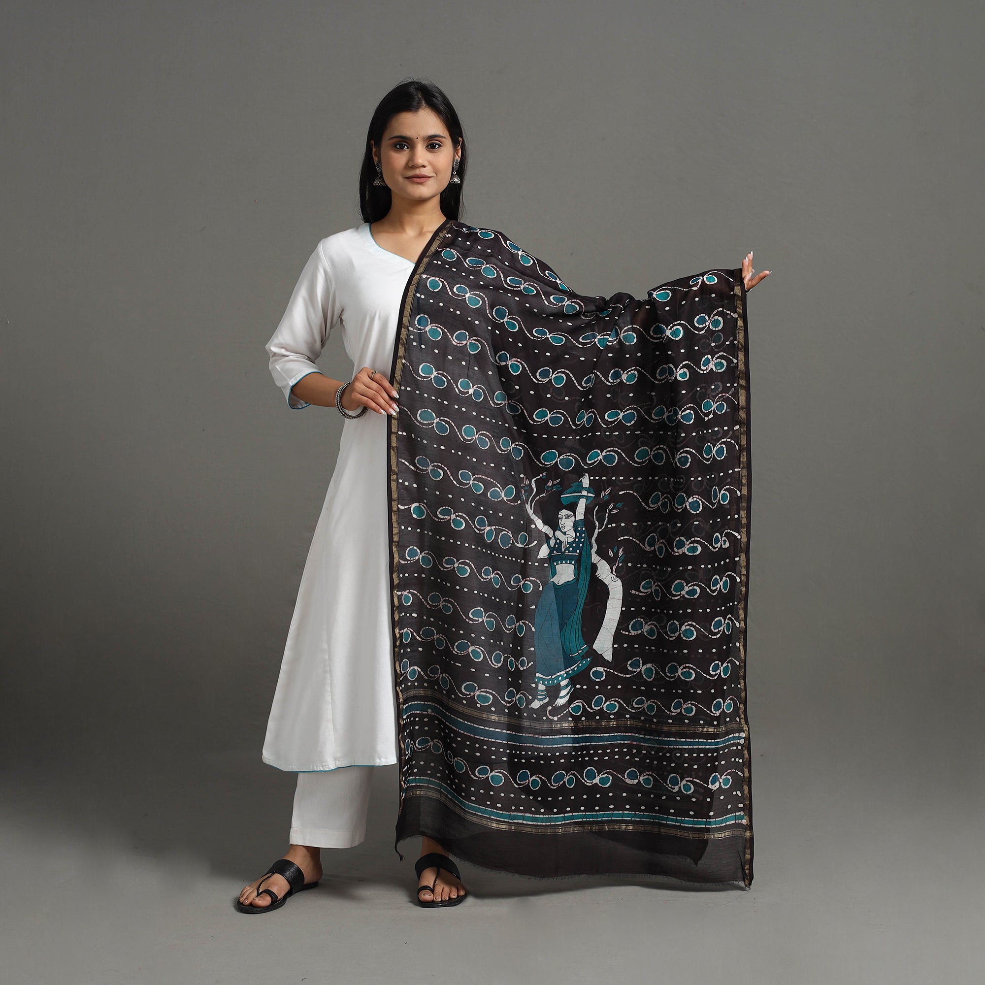 KACHCHH JI CHHAAP Black - Handloom Chanderi Silk Hand Batik Printed Dupatta 10 - view 2