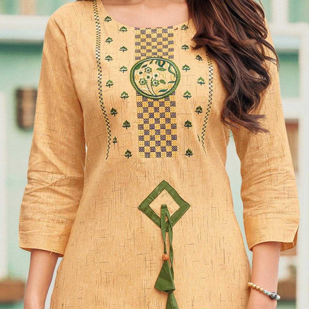 Peachmode Seller Capricious Yellowish Beige Colored Casual Wear Embroidered Heavy Pure Cotton Kurti - view 2