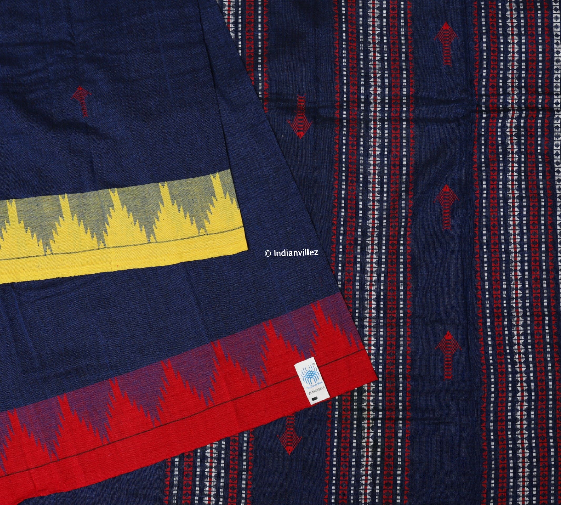 IndianVillèz Odisha Handloom Natural Dye Kotpad Saree (Navy Blue With Yellow & Red Borders)