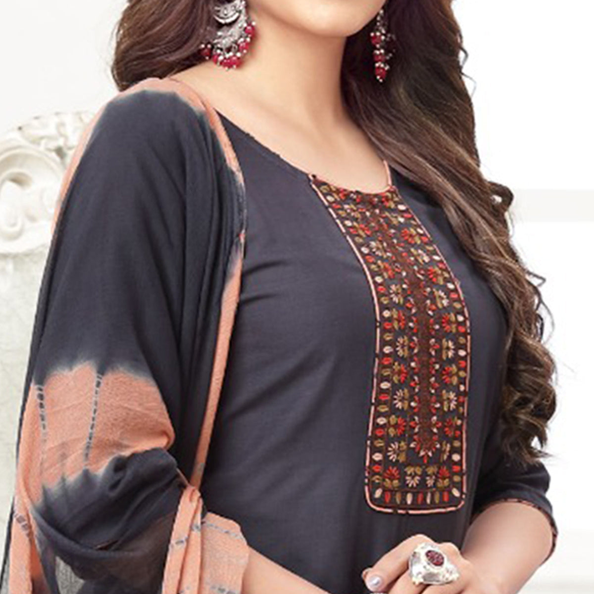 Peachmode Seller Dark Grey Embroidered Rayon Patiala Suit - view 3