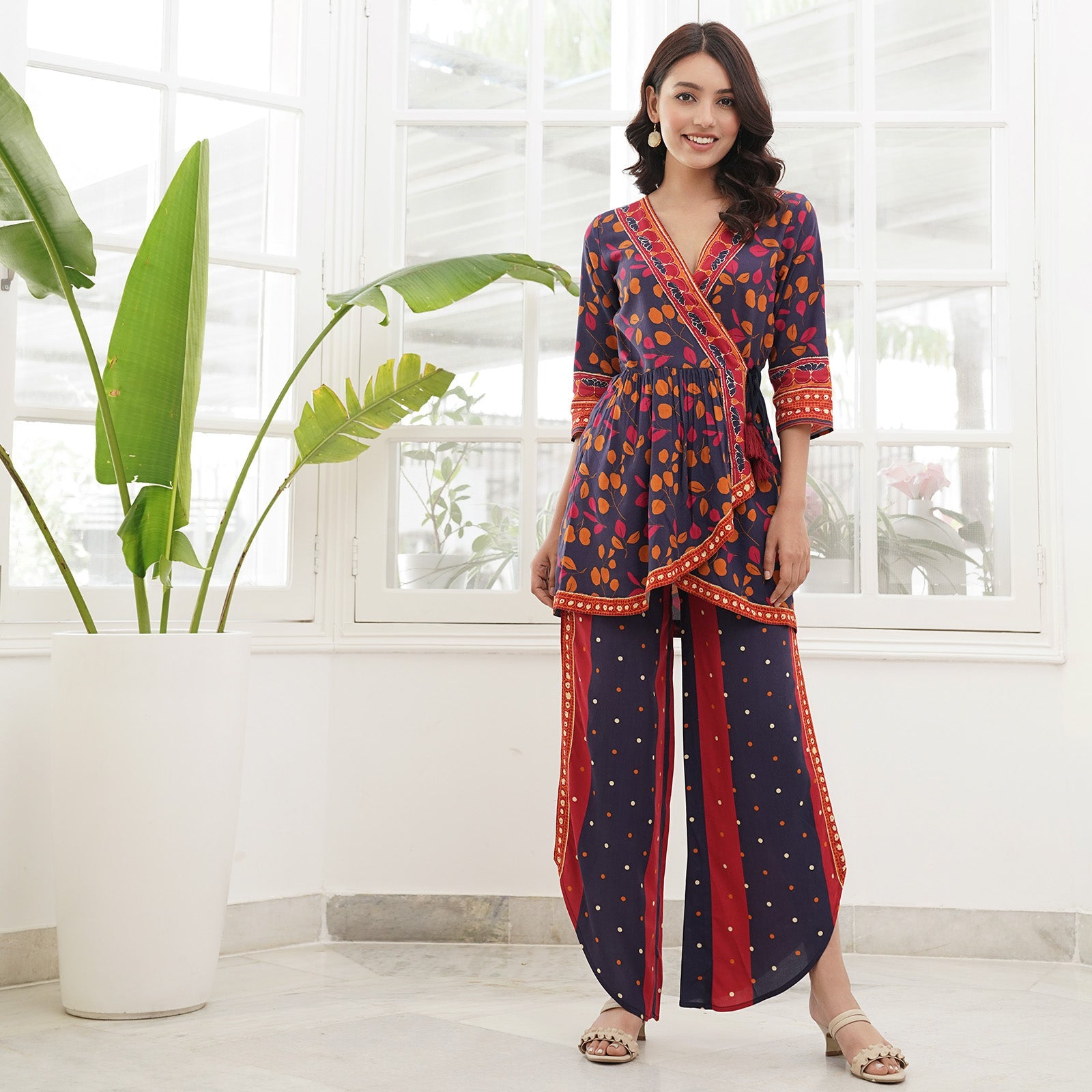 BlackTree Navy Blue Asymmetric Gather Co-ord Set with Side Tie Up Detail