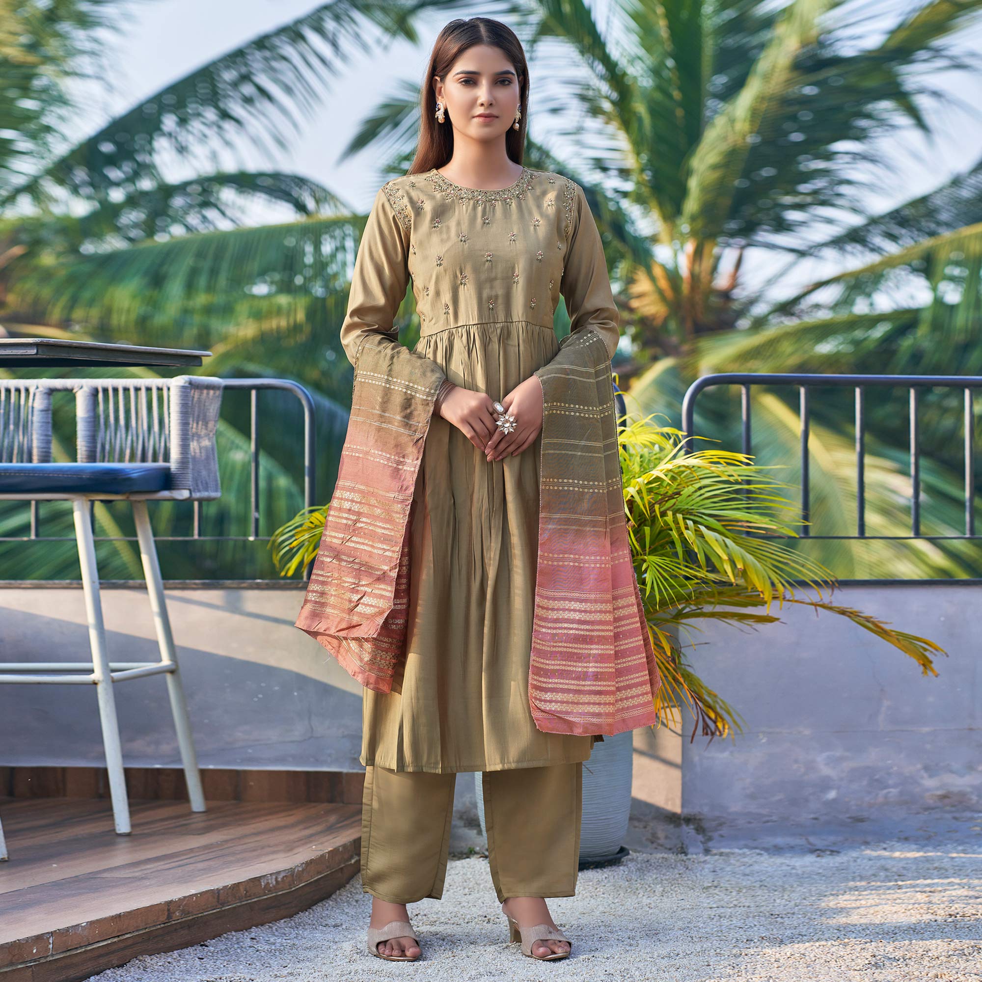 Peachmode Brown Floral Embroidered Pure Silk Anarkali Suit - view 2