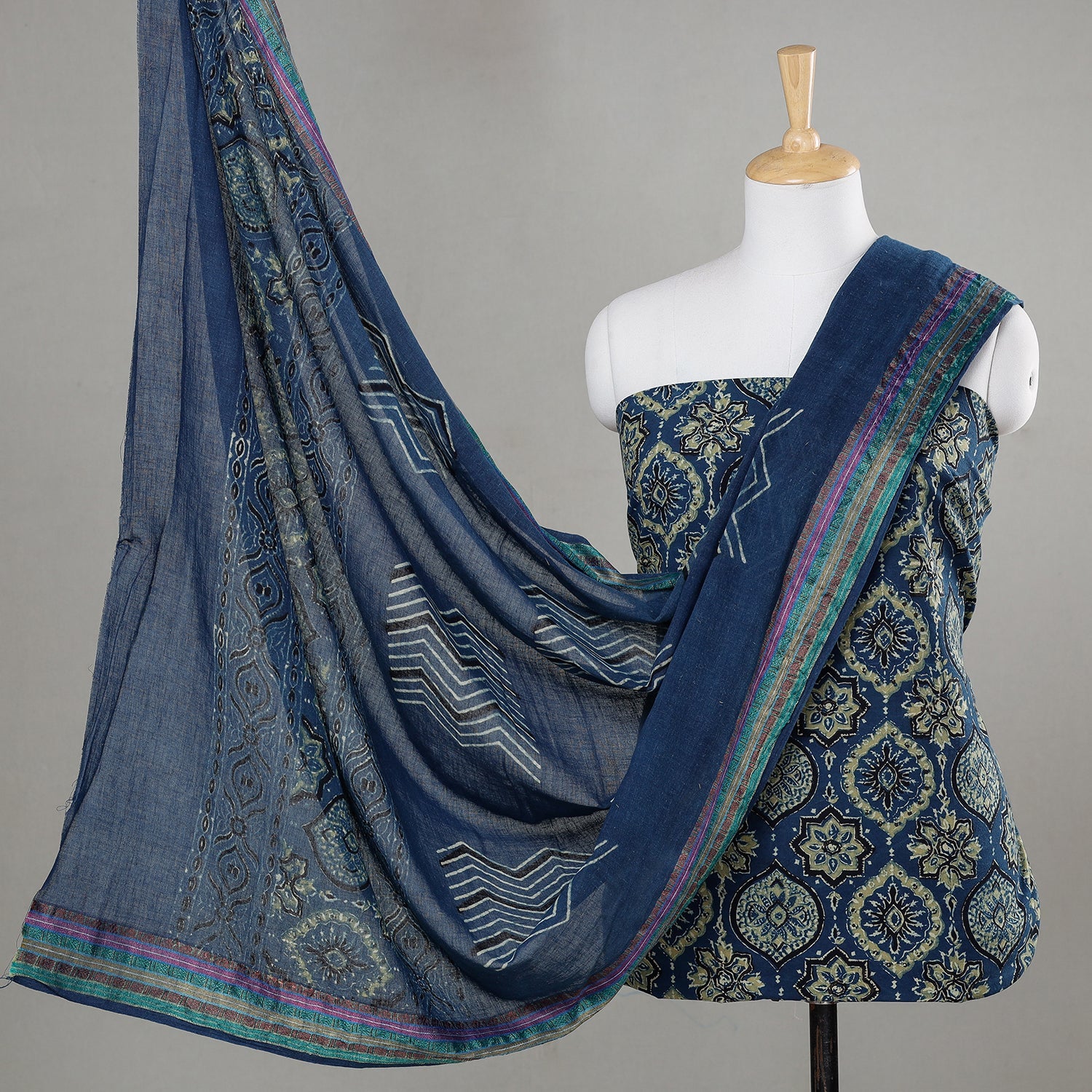 KACHCHH JI CHHAAP Blue - 3pc Ajrakh Block Printed Cotton Suit Material Set