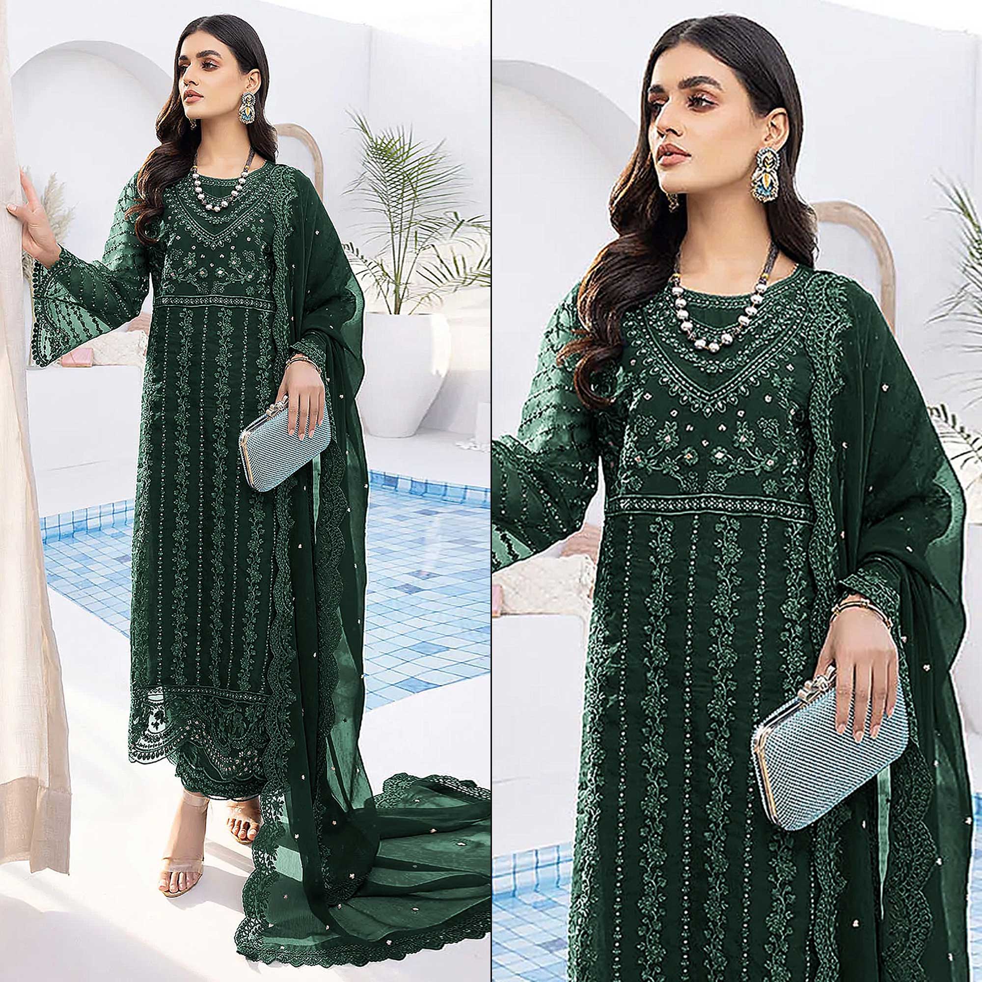 Peachmode Bottle Green Floral Embroidered Organza Semi Stitched Suit