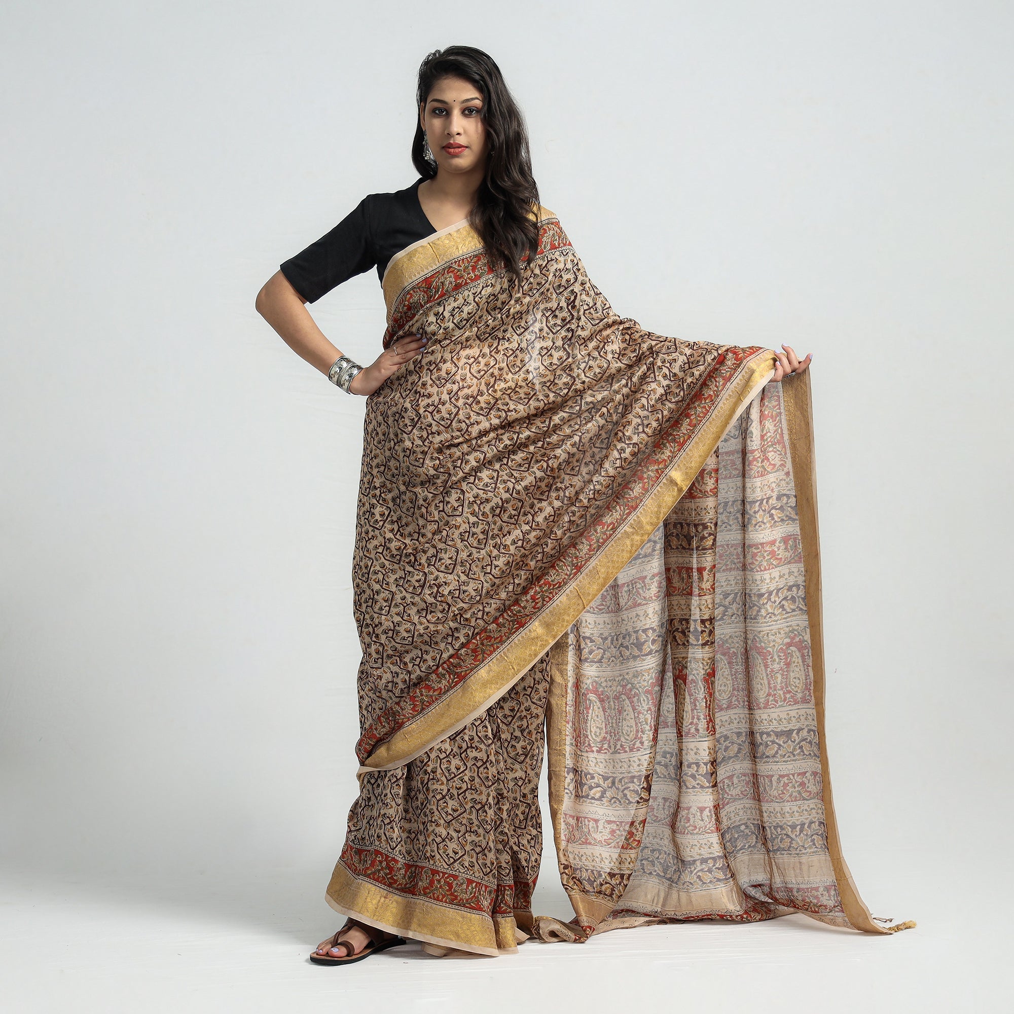 VENKATA BHANU KALAMKARI PEDANA Brown - Original Pedana Kalamkari Block Print Silk Saree - view 2