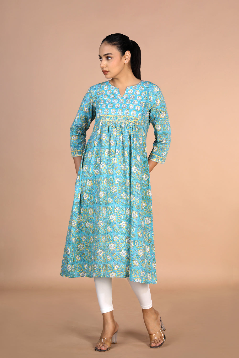 Kalanjali Ethnics Floral sky blue Sanganeri handblock printed cotton Kurti - view 2