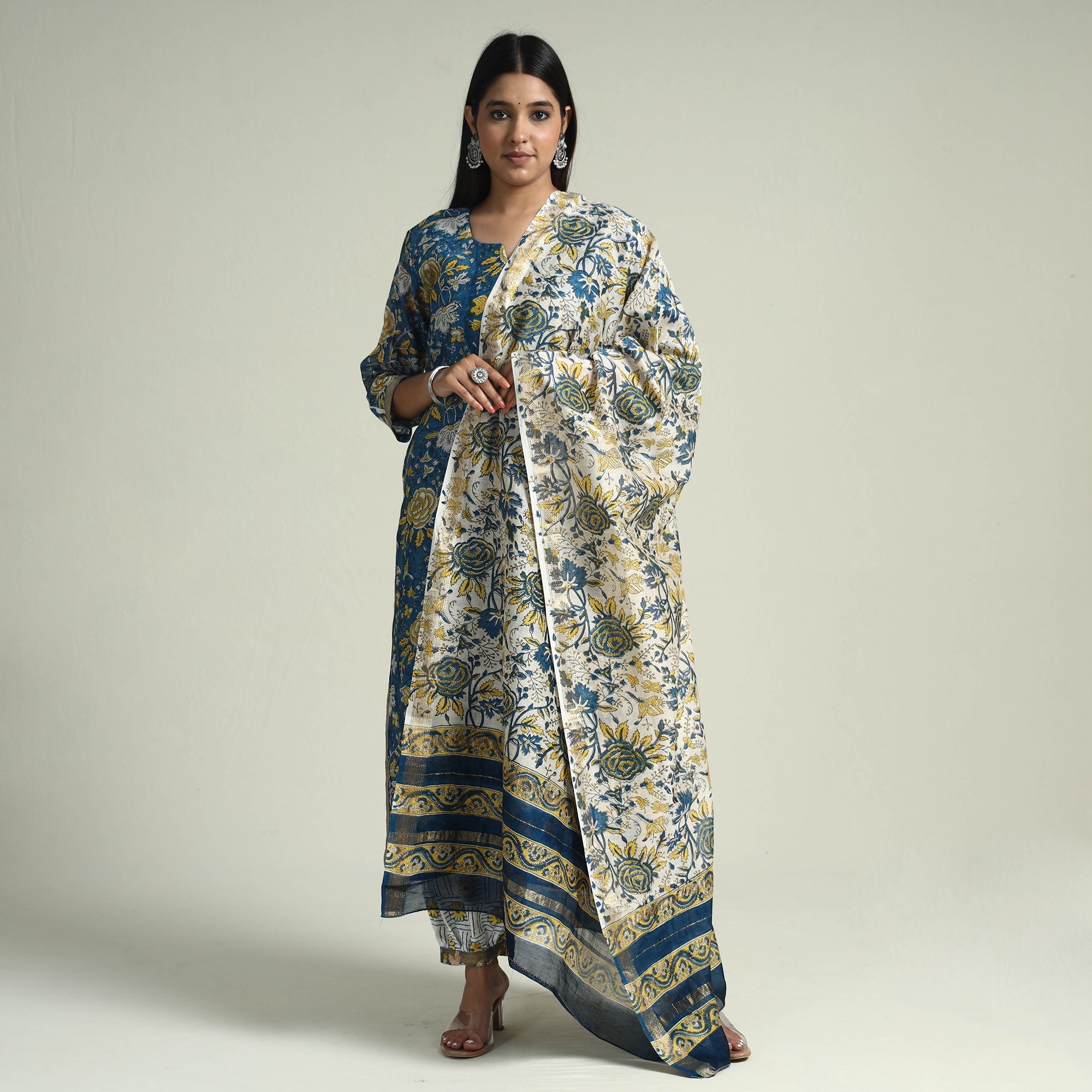 ITOKRI CASUALS Blue - - Sanganeri Block Printed Maheshwari Silk Kurta with Palazzo & Dupatta Set