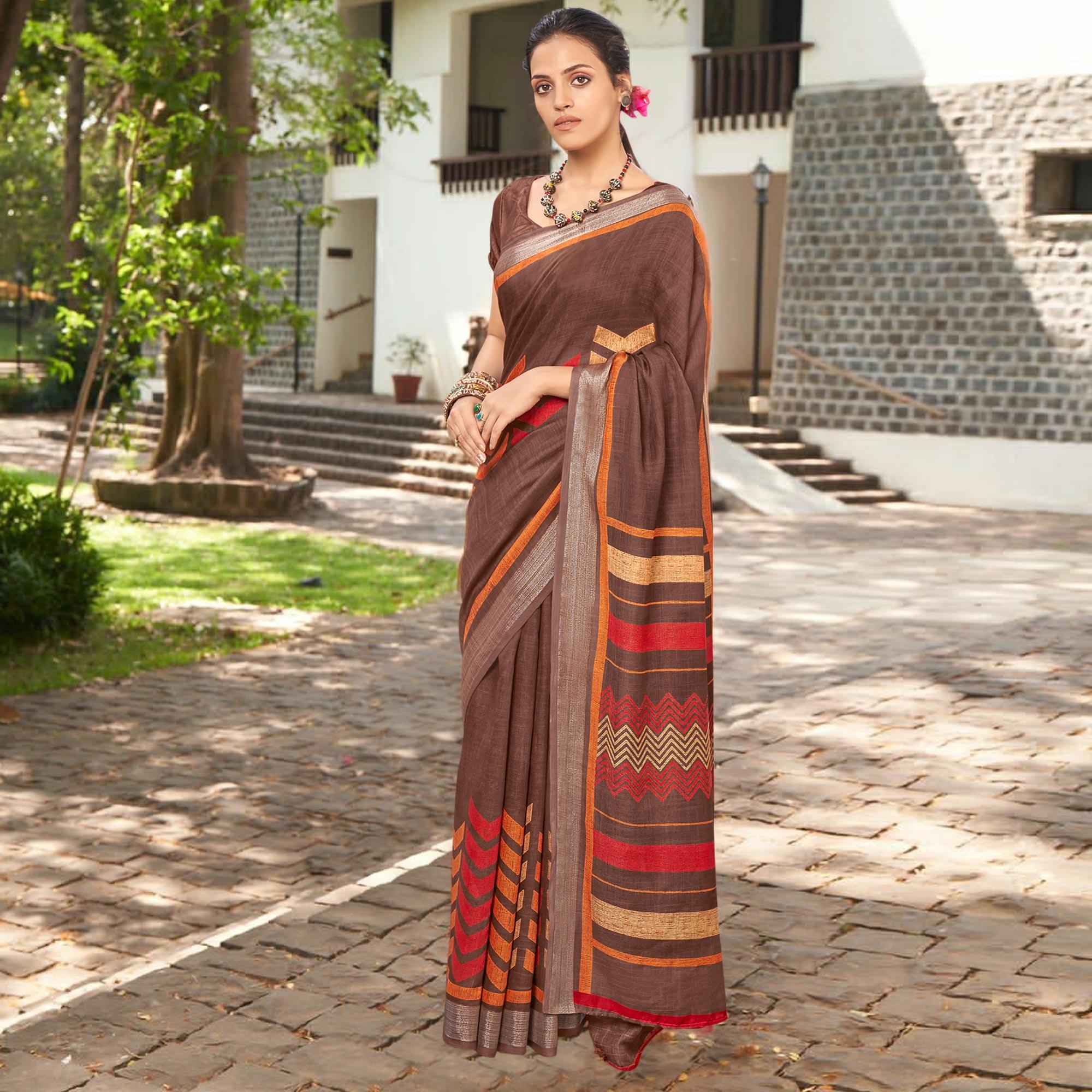Peachmode Brown Printed Linen Saree – Women's