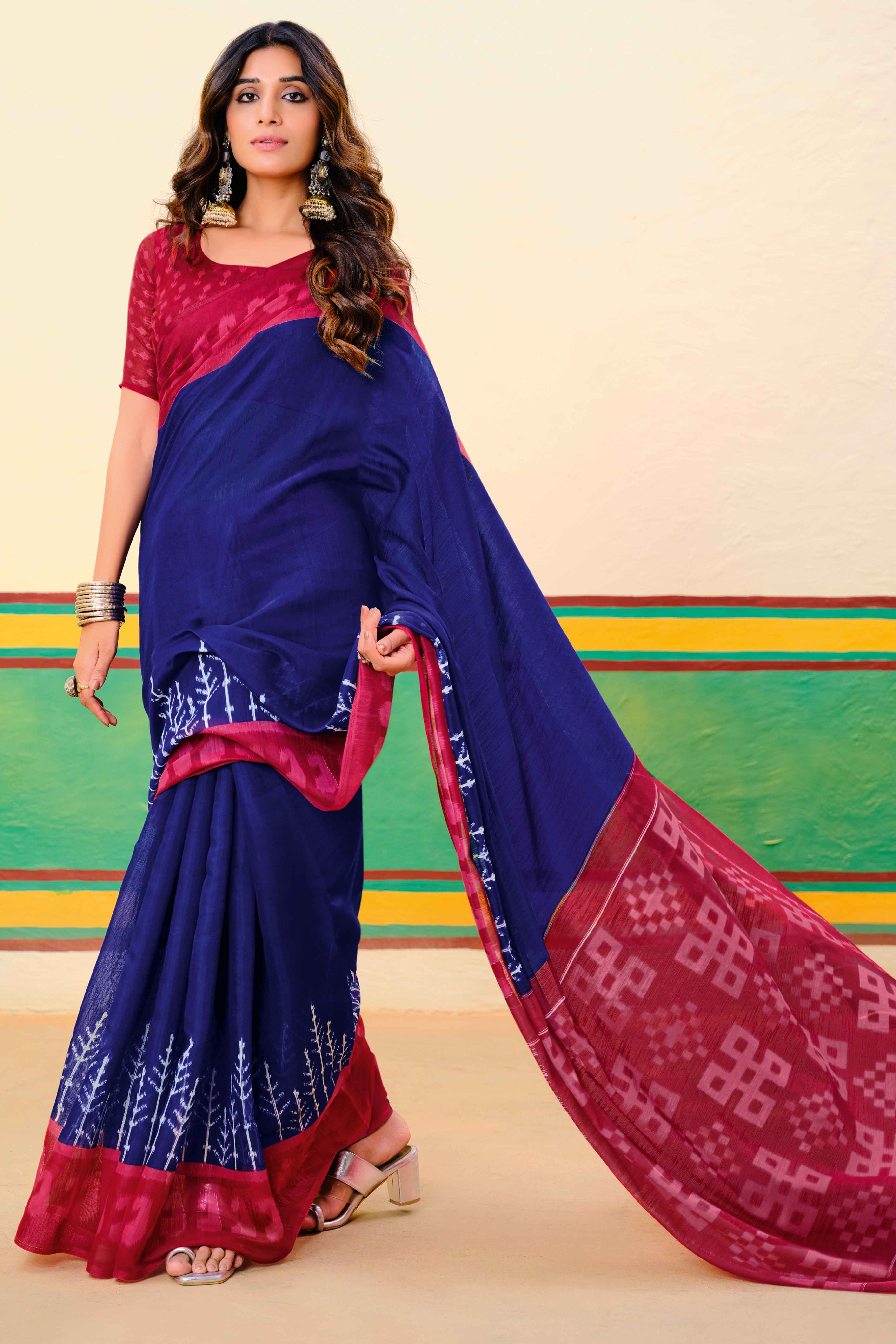 Peachmode Dark Navy Blue Ikkat Printed Mulmul Cotton Saree