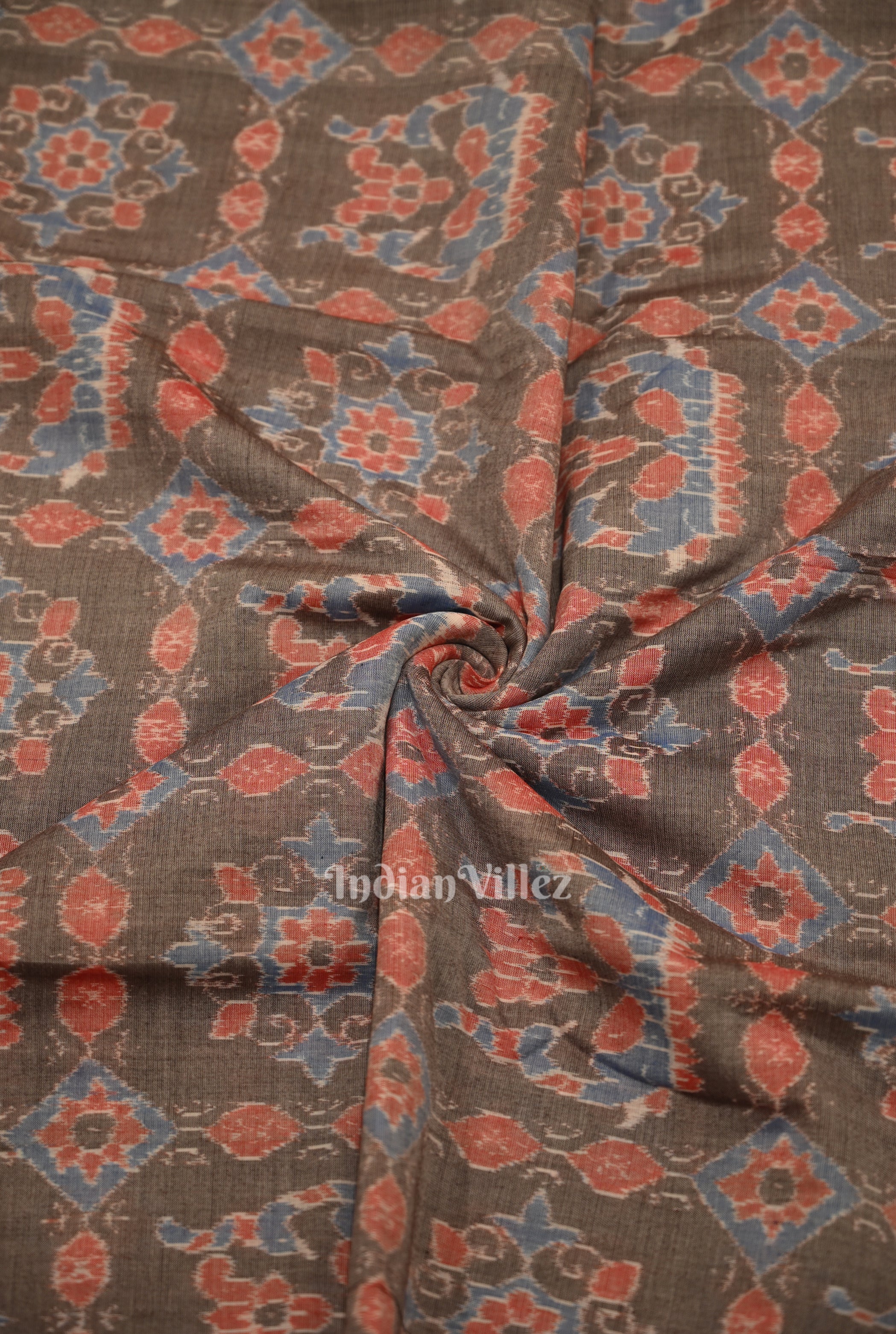 IndianVillèz Cement Gray Black Fower Motif Sambalpuri Odisha Ikat Cotton Fabric