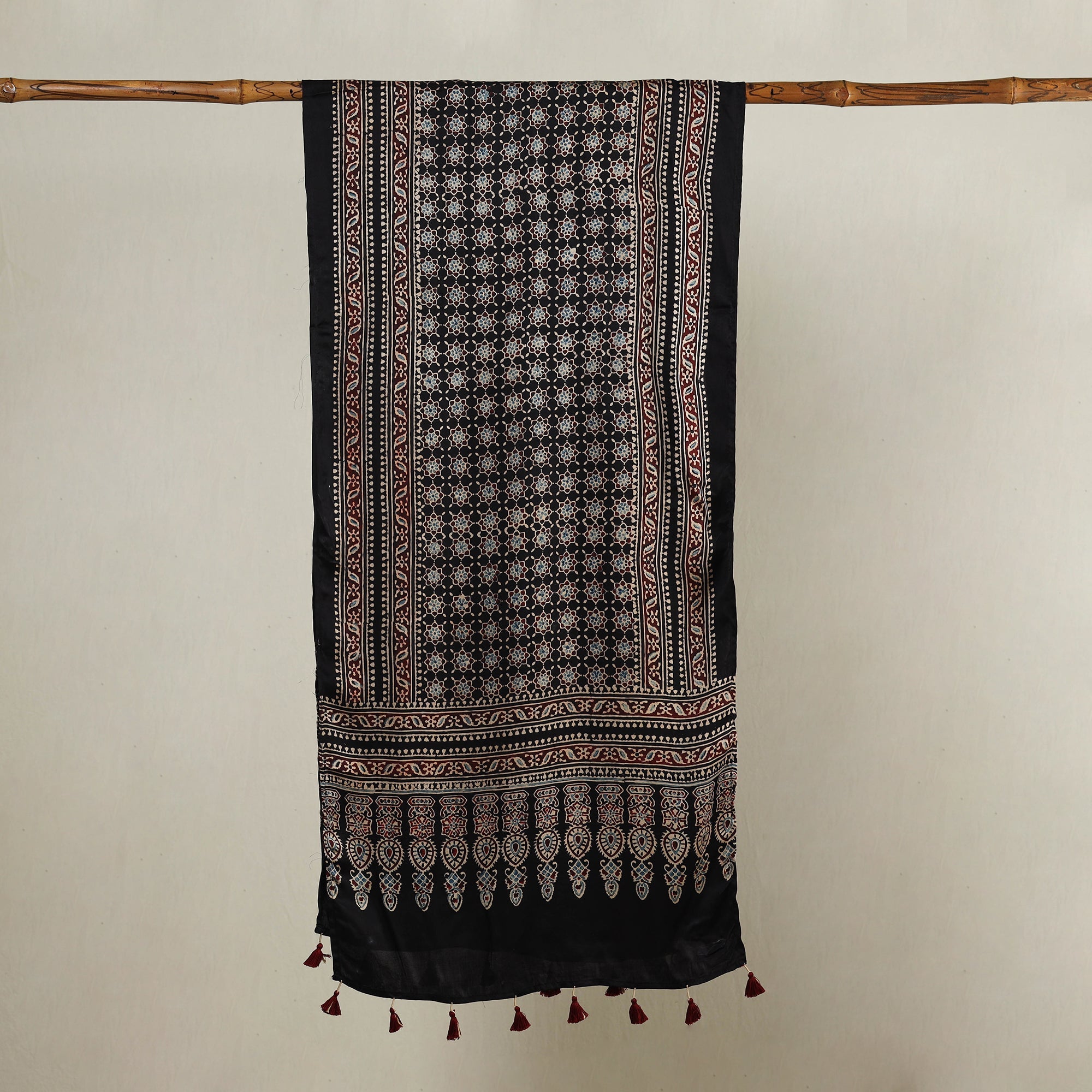 RIYAZ ABDULMAJID KHATRI - AJRAKH Black - Ajrakh Hand Block Printed Modal Silk Stole with Tassels - view 2
